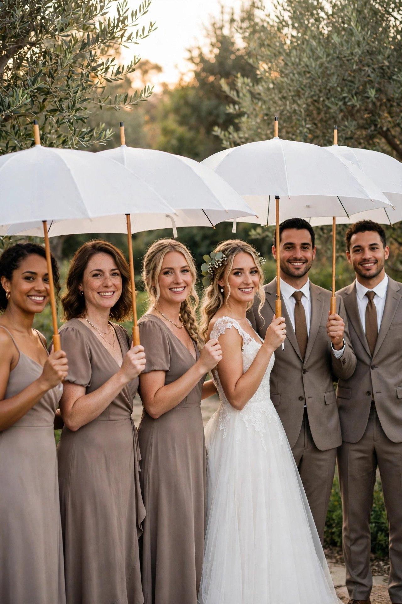 Wedding party holding matching white umbrellas in a row