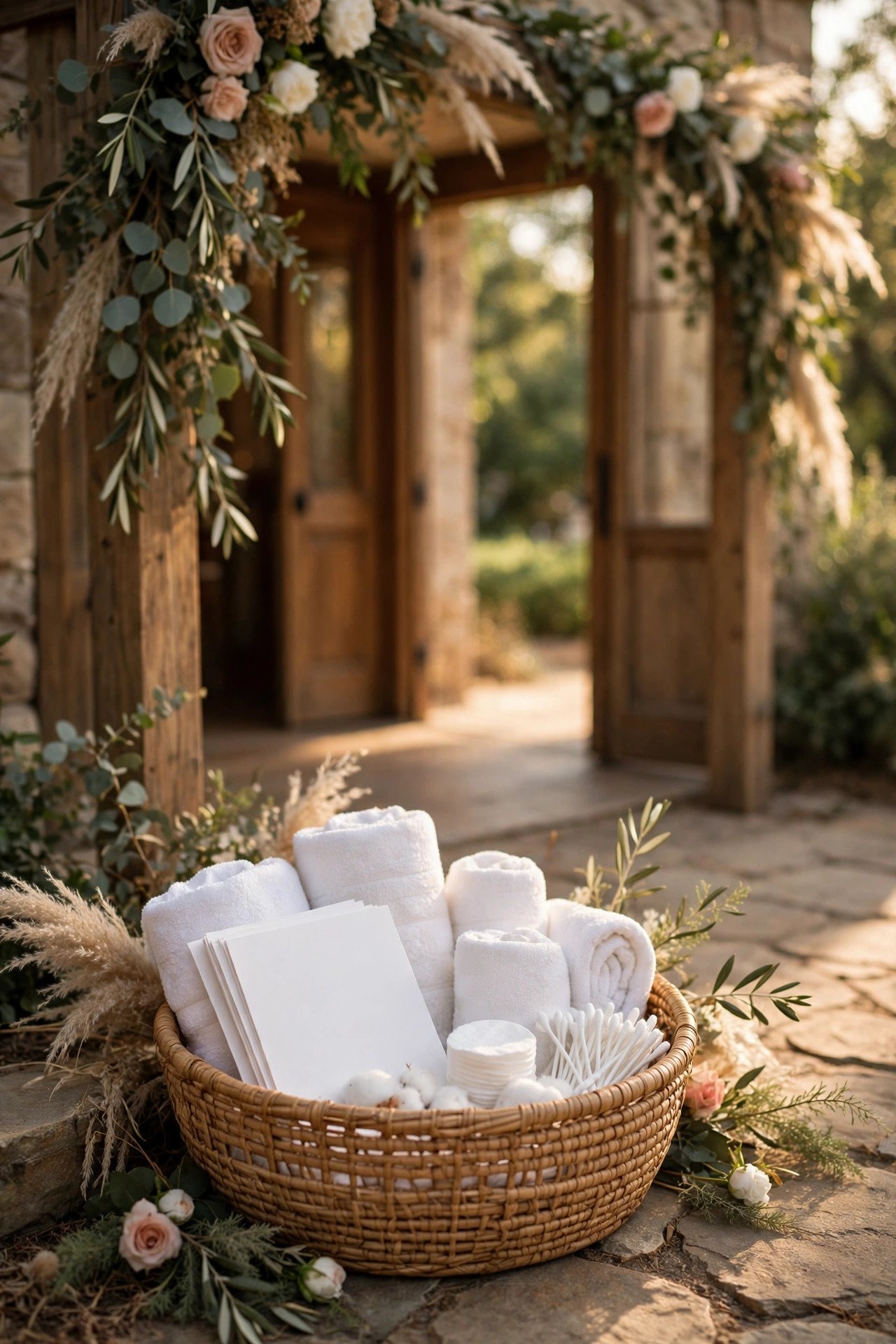 Basket of white towels and blotting supplies by a ceremony entrance