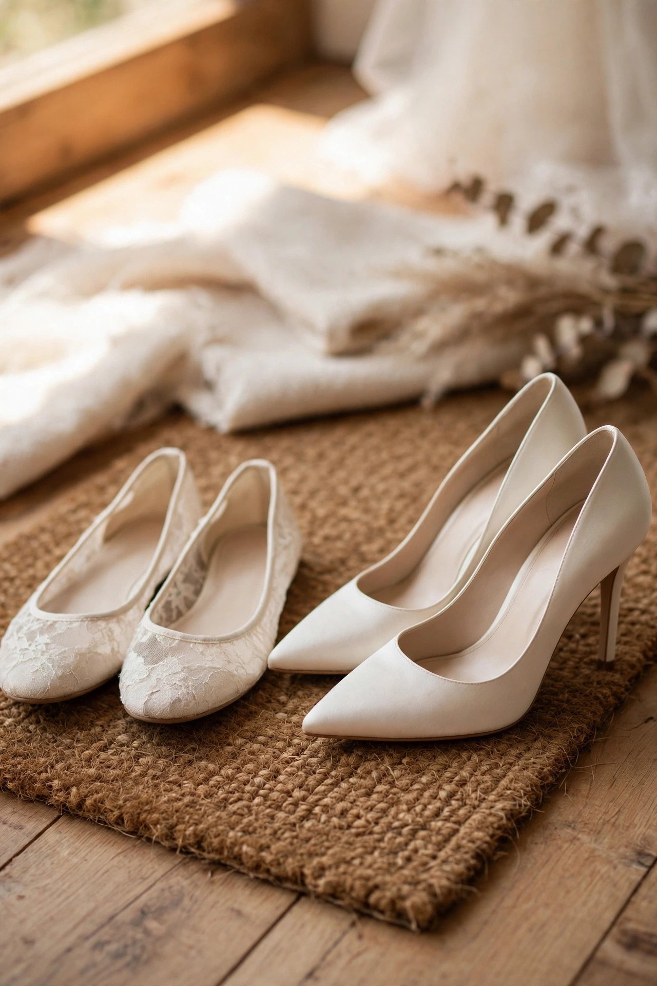 Bride's spare flat shoes beside her heels on a dry mat