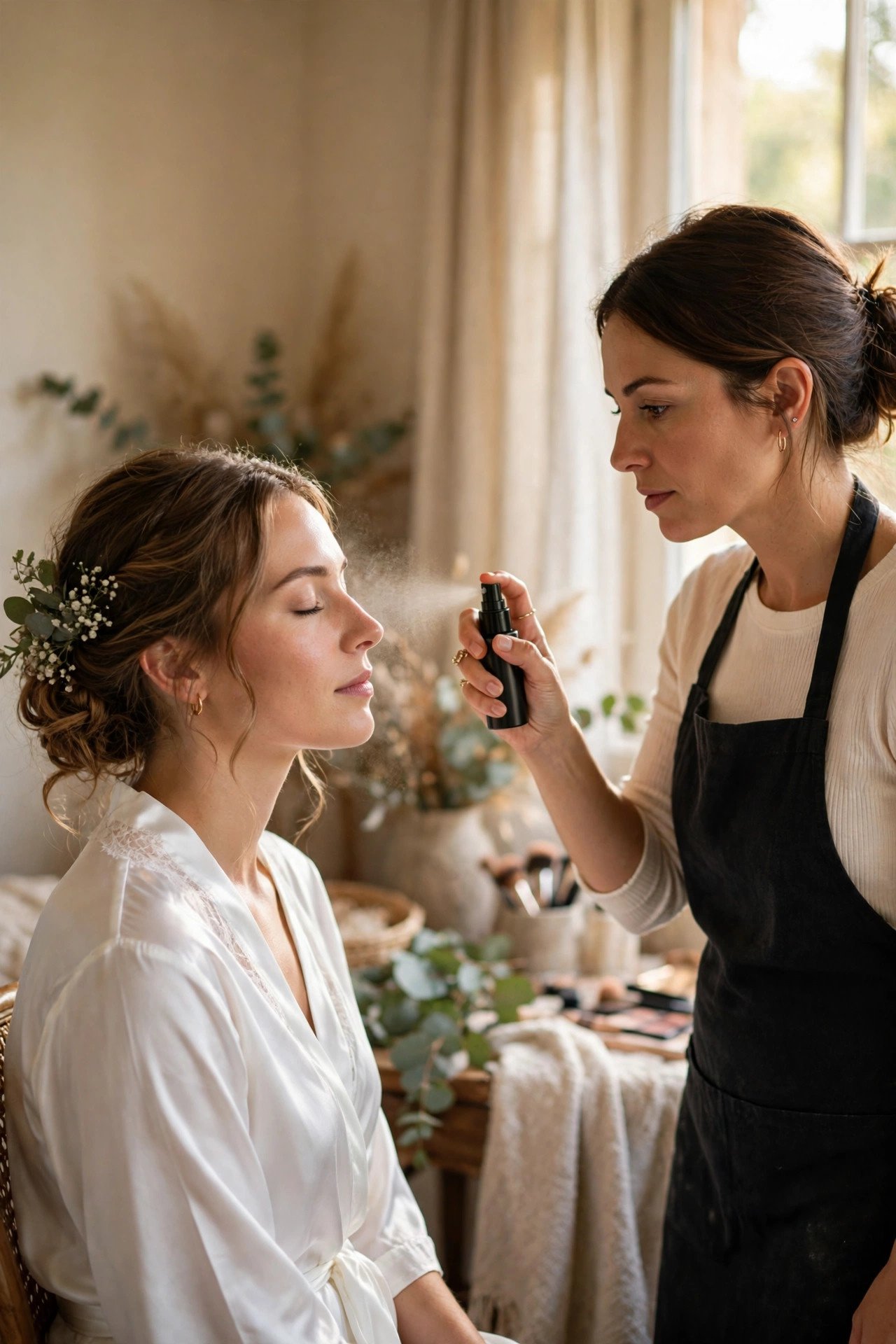 Makeup artist applying setting spray as a finishing step