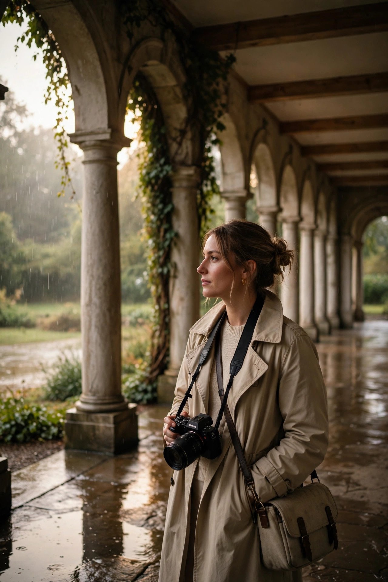 Photographer scouting a covered colonnade for rainy day portraits