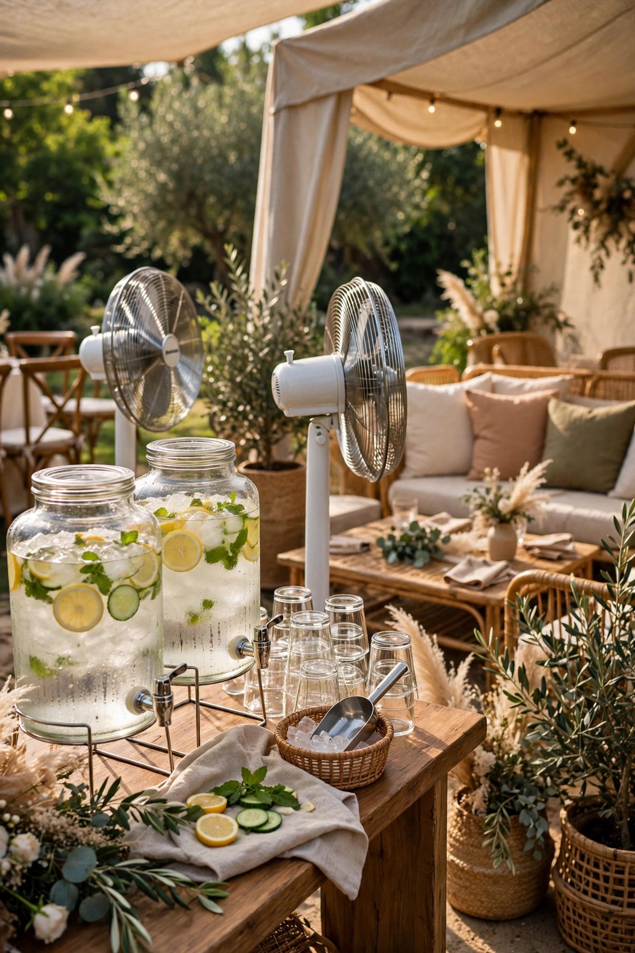 Iced water station with fans and shaded seating at an outdoor wedding