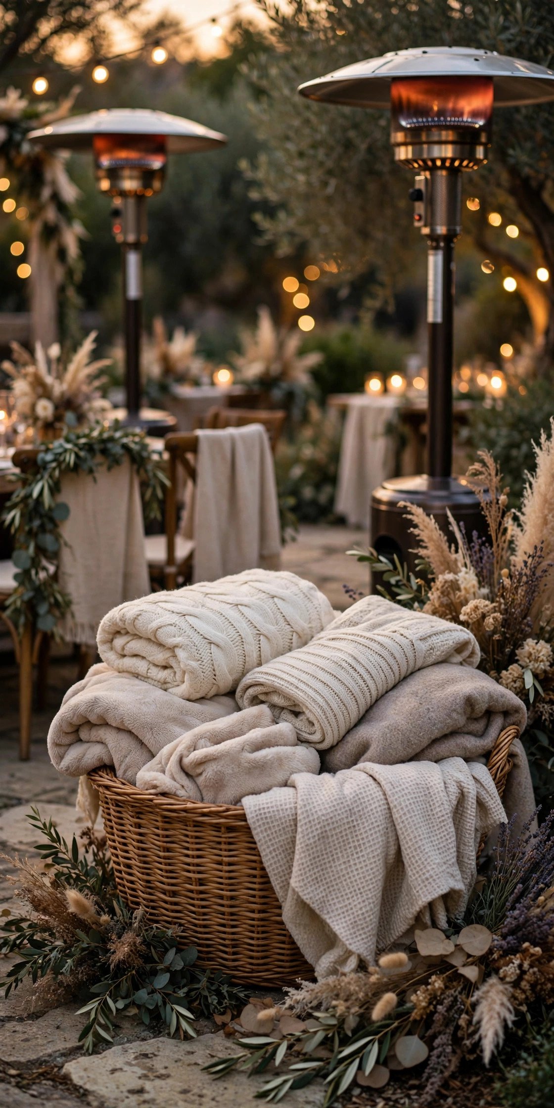 Basket of cozy wraps and patio heaters at an evening wedding
