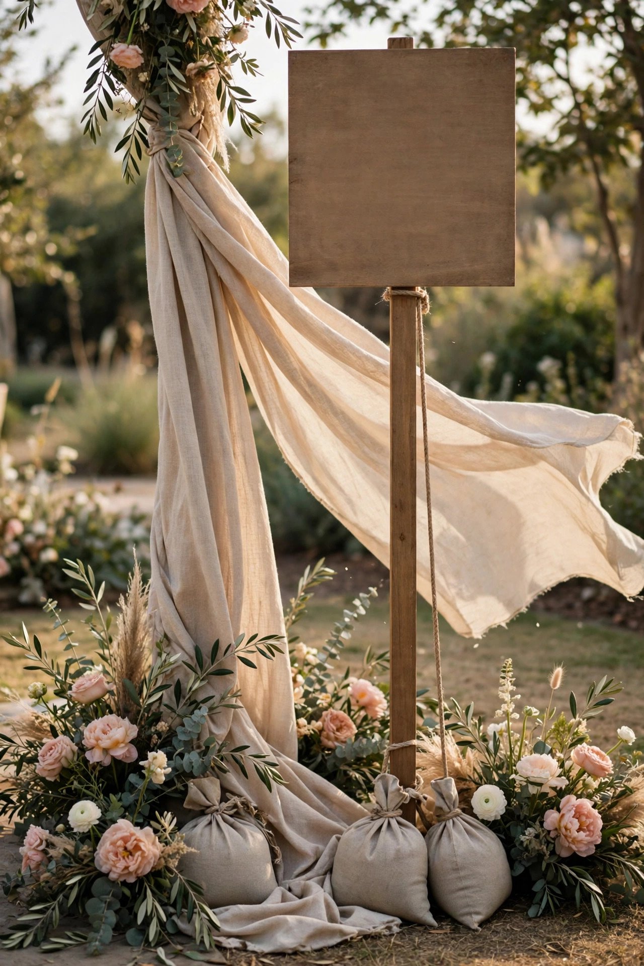 Wedding signage secured with weights and low floral arrangements on a breezy day