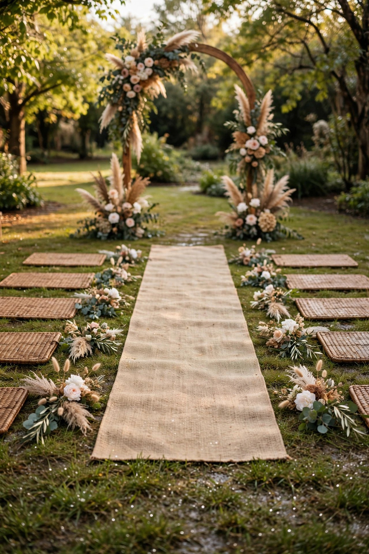 Aisle runner and mats laid over wet grass leading to a ceremony arch