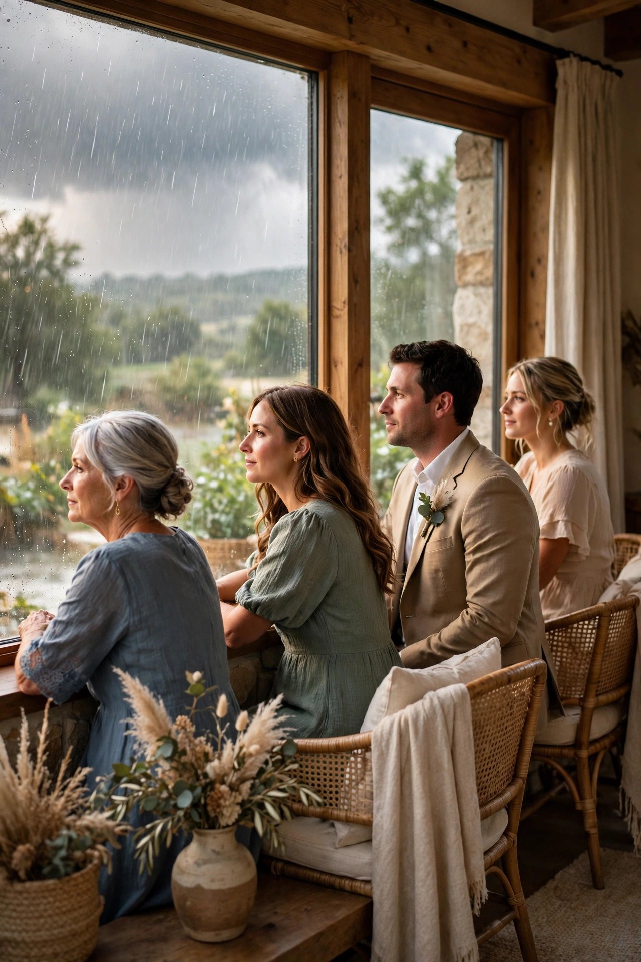 Guests waiting comfortably indoors during a passing thunderstorm