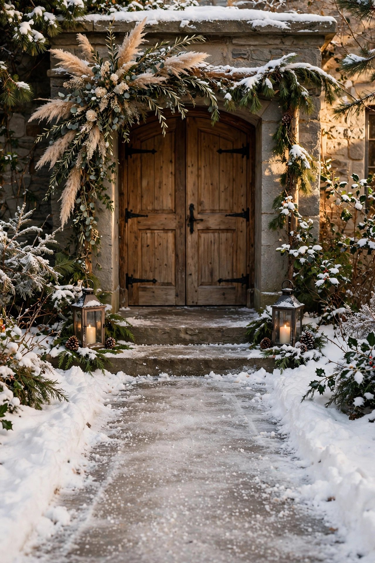 Snow-dusted wedding venue entrance with a cleared, salted path