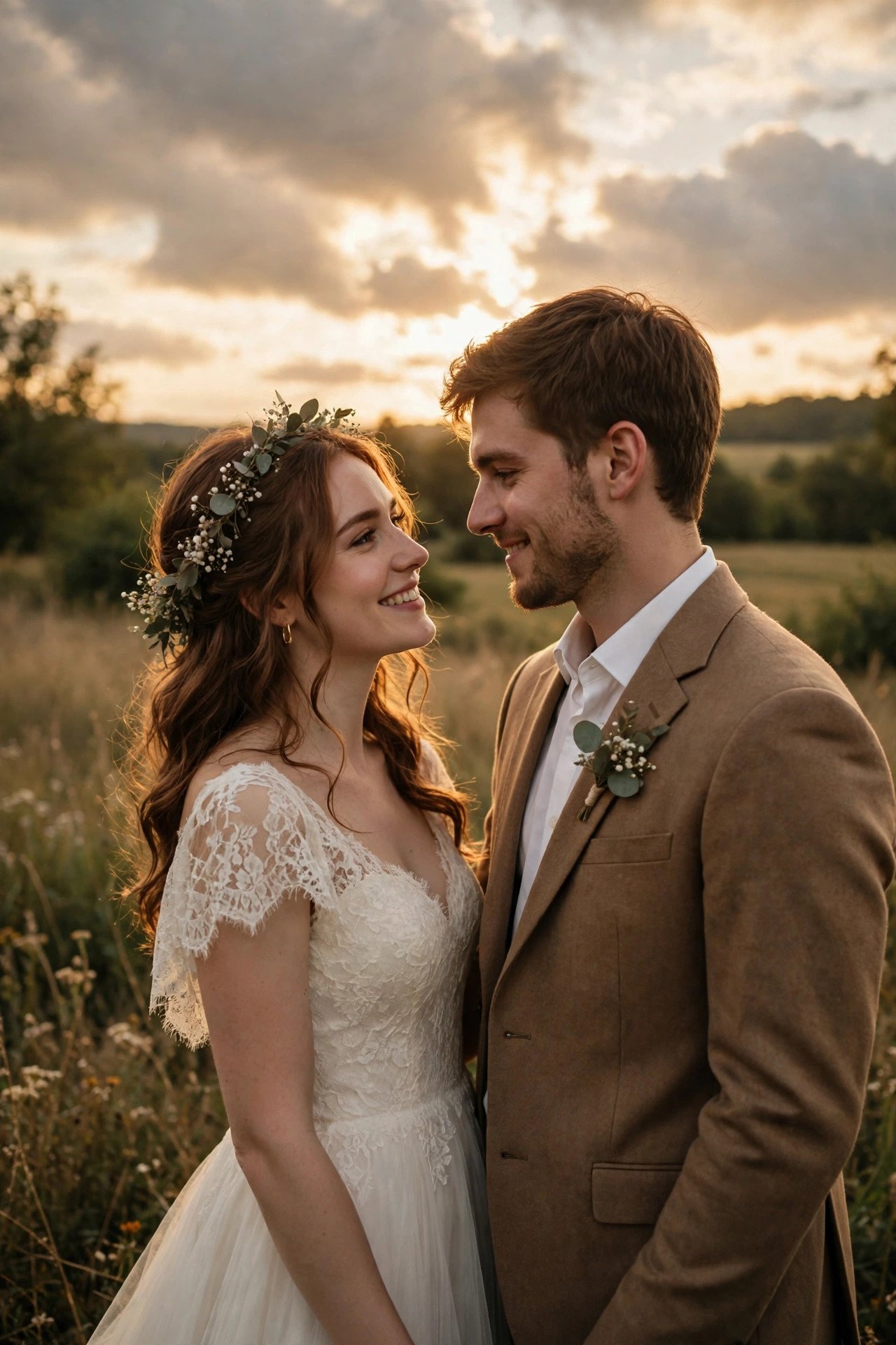 Couple taking golden hour portraits rescheduled around passing clouds