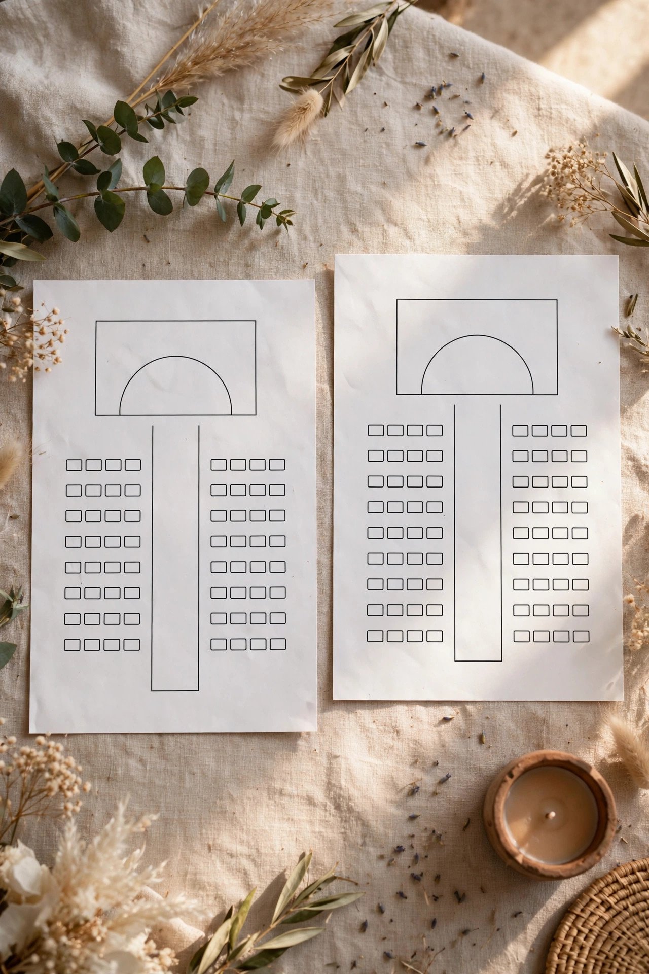 Printed ceremony layout diagrams for sunny and indoor arrangements side by side