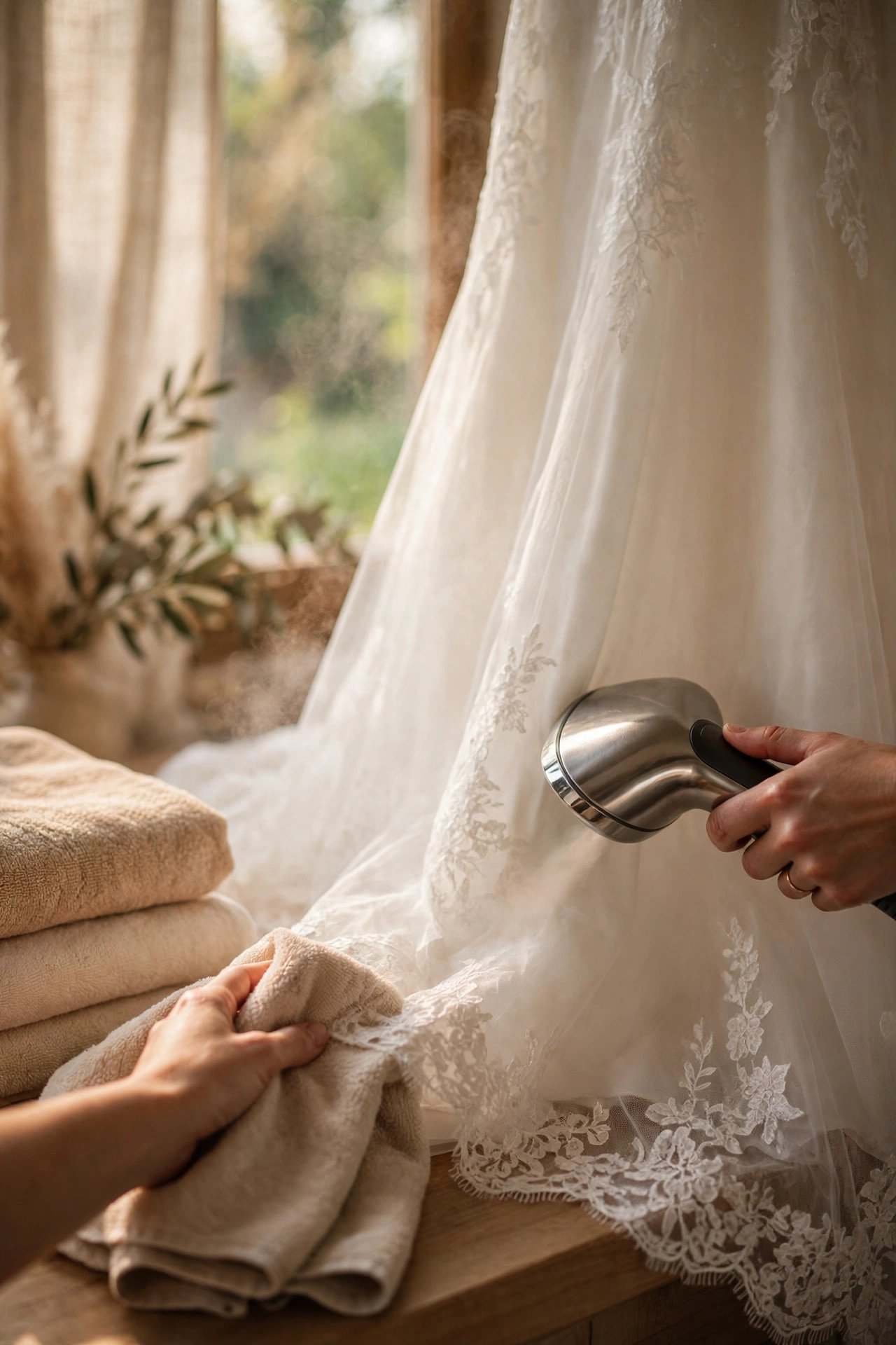 Steamer and towels being used to refresh a wedding dress hem