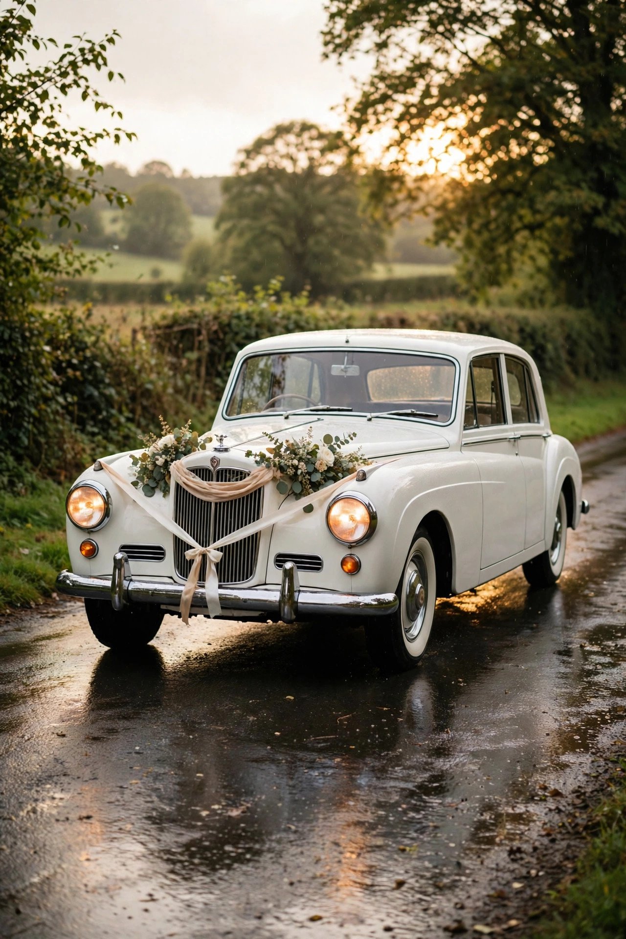 Wedding car driving carefully on a wet road with time to spare