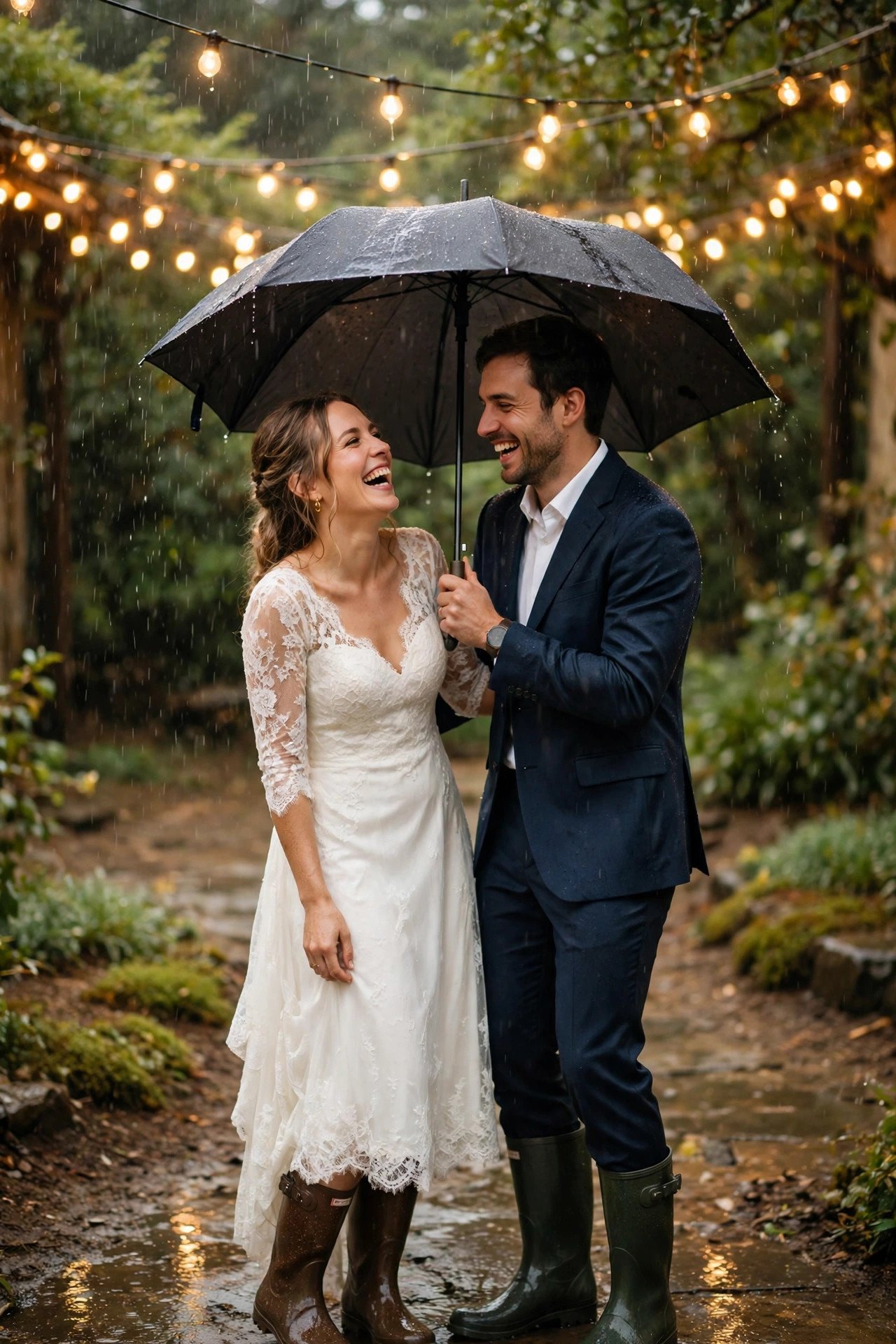 Couple laughing in the rain with boots and an umbrella under string lights