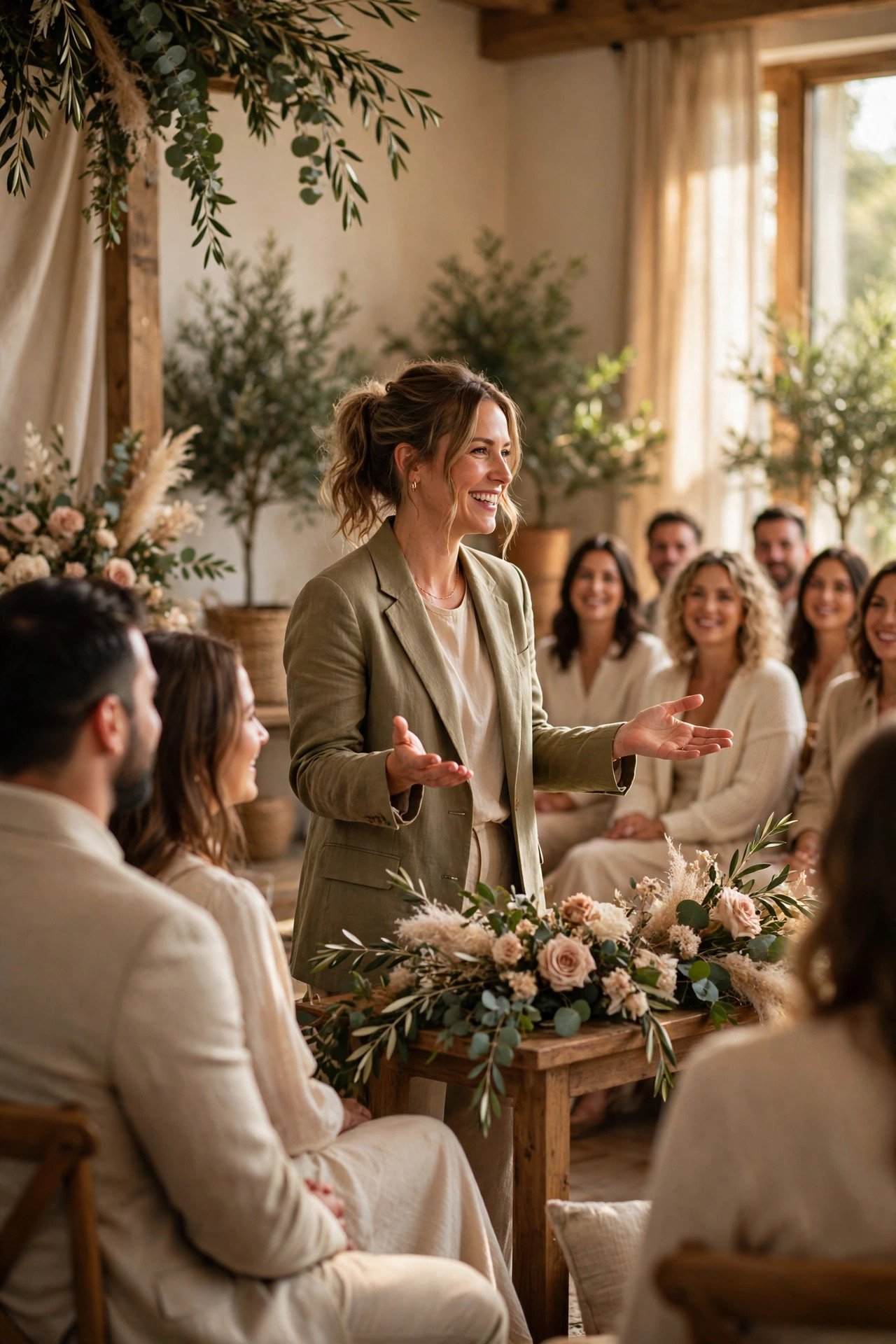 Officiant warmly welcoming guests to an indoor ceremony