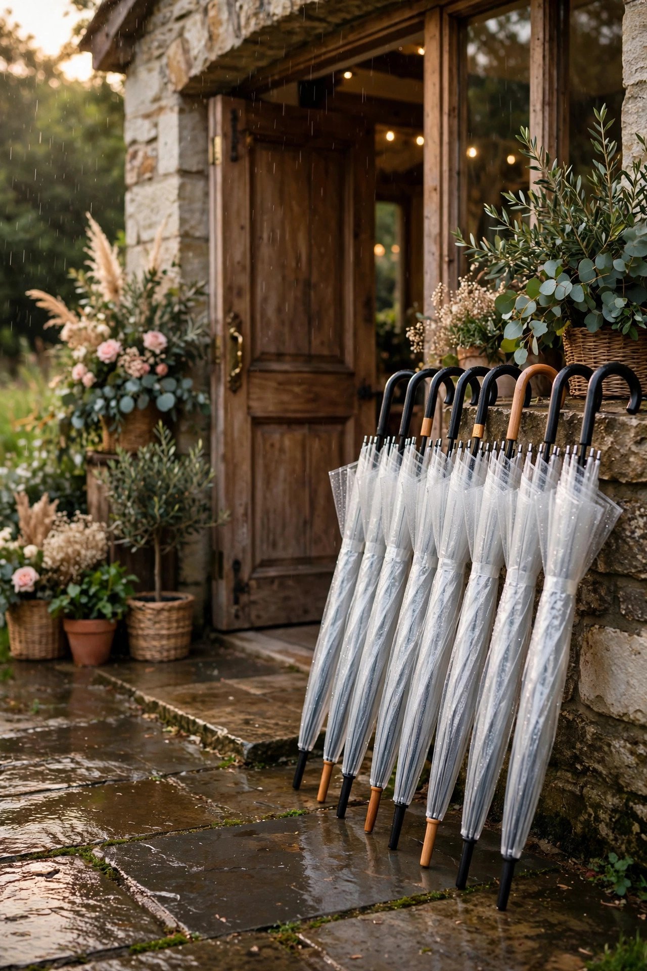 Clear umbrellas lined up beside a wedding venue entrance ready for a rainy day