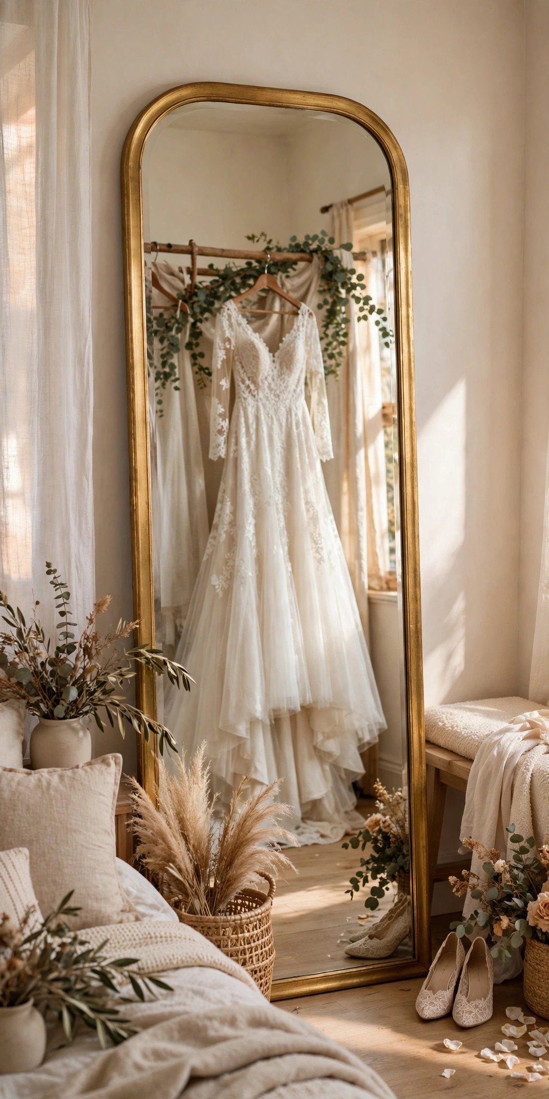Full-length mirror in a bridal suite reflecting a wedding dress