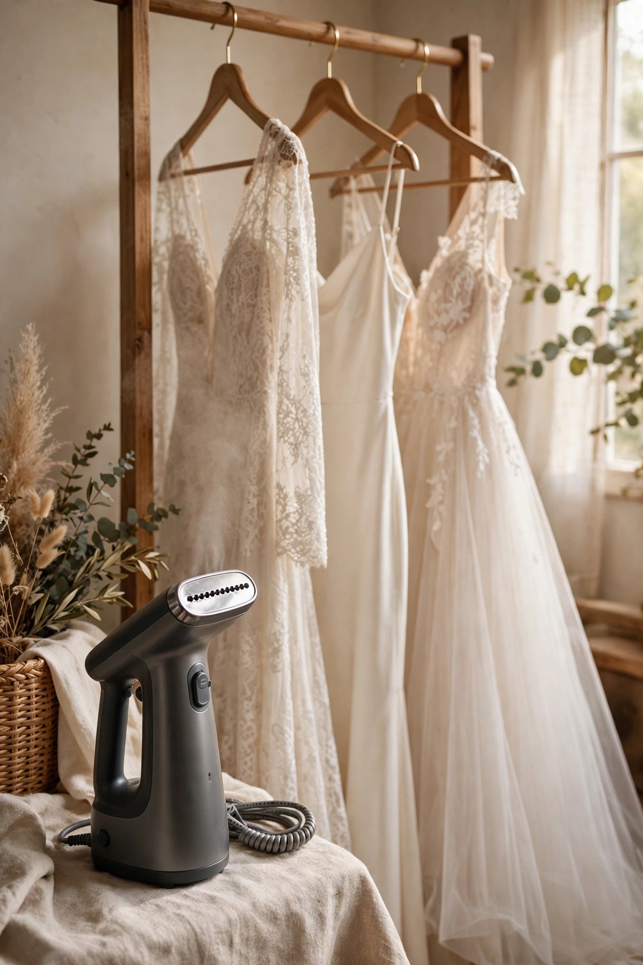 Handheld steamer with water reservoir ready beside hanging dresses
