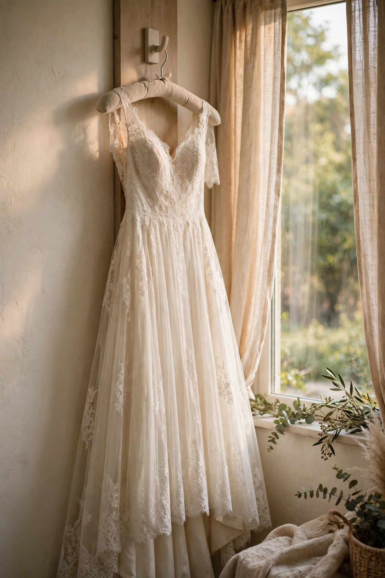 Wedding dress hanging on a padded personalized hanger by a window