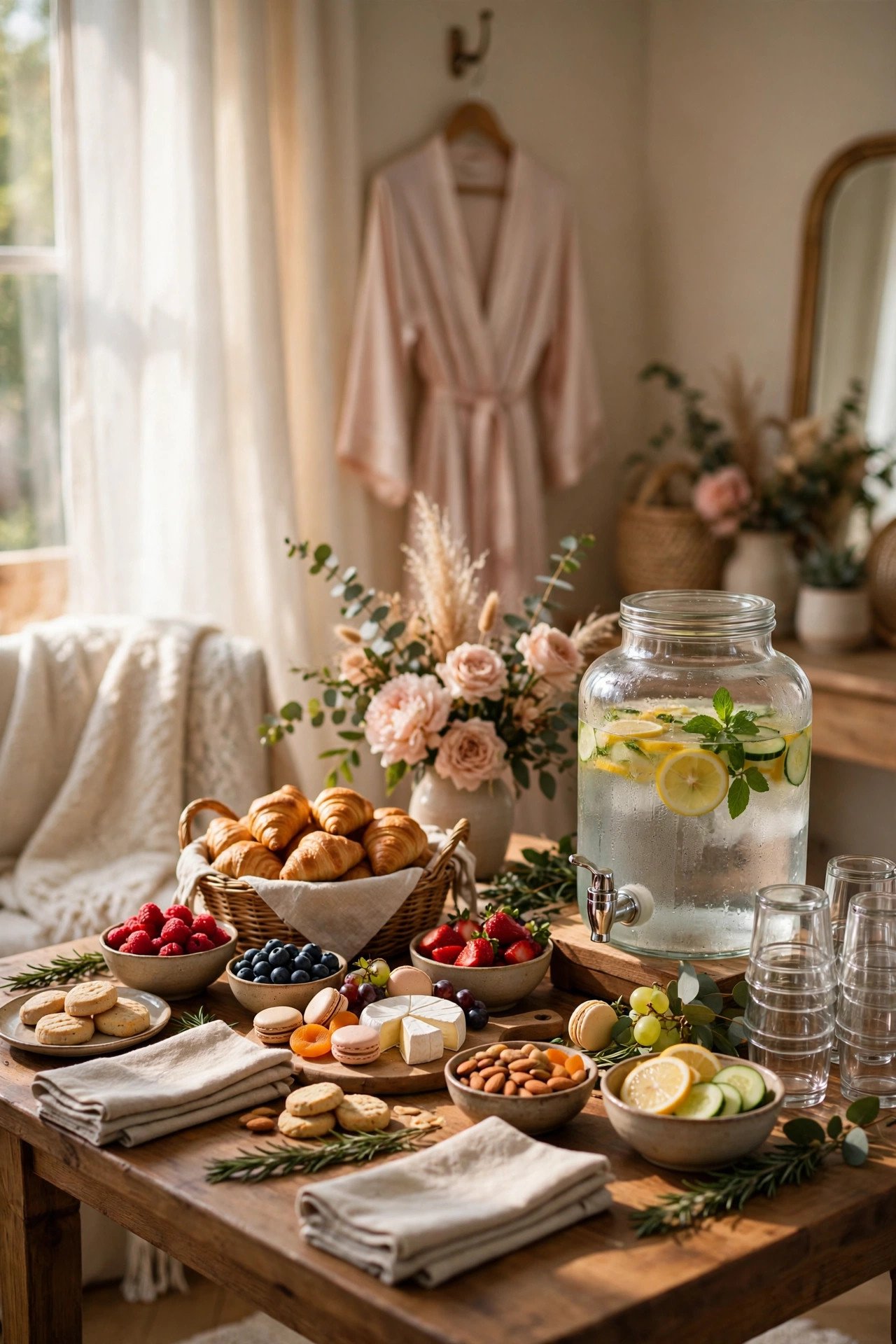 Snack table and water station set up in a bridal suite