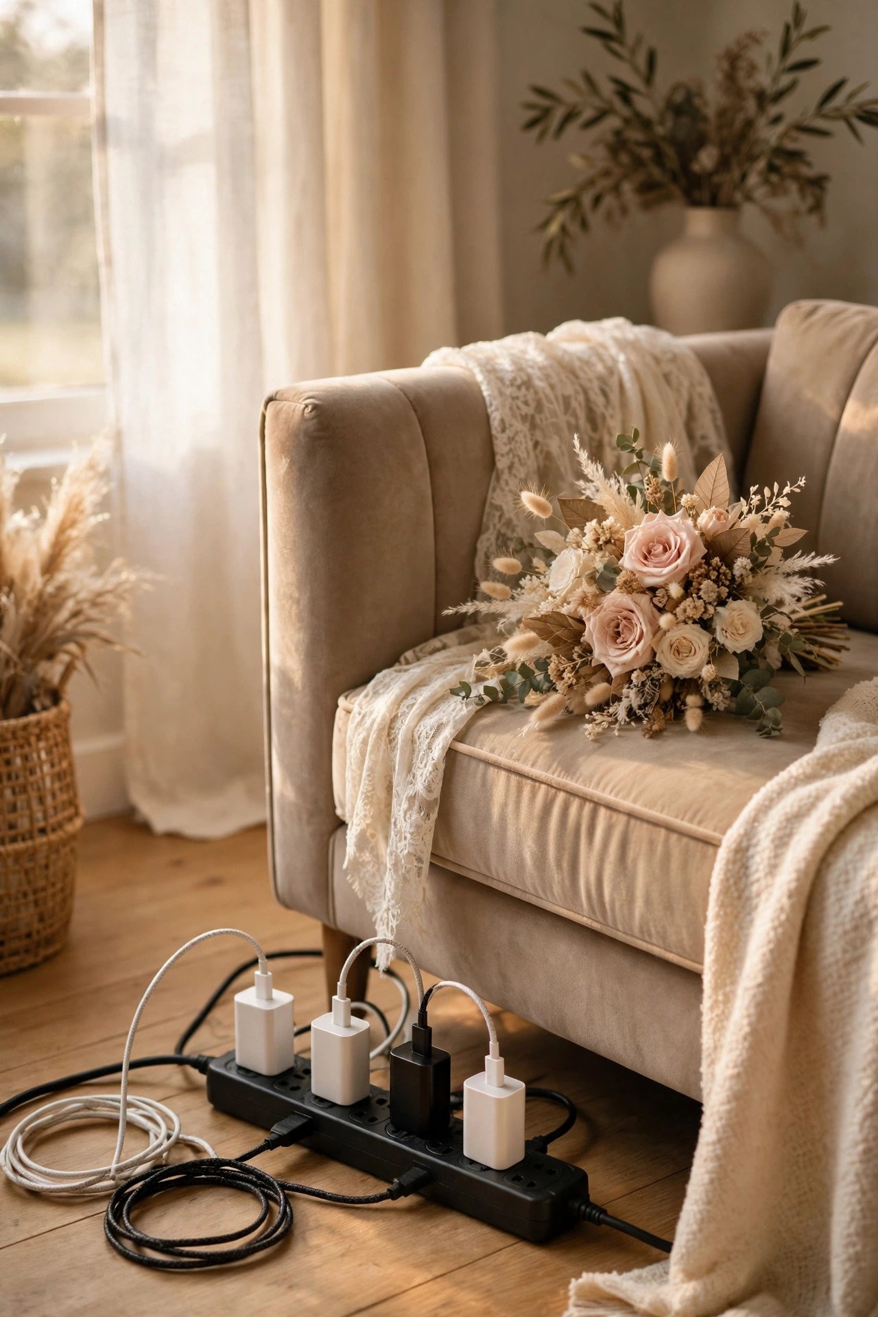 Power strip with several phone chargers plugged in beside a suite sofa