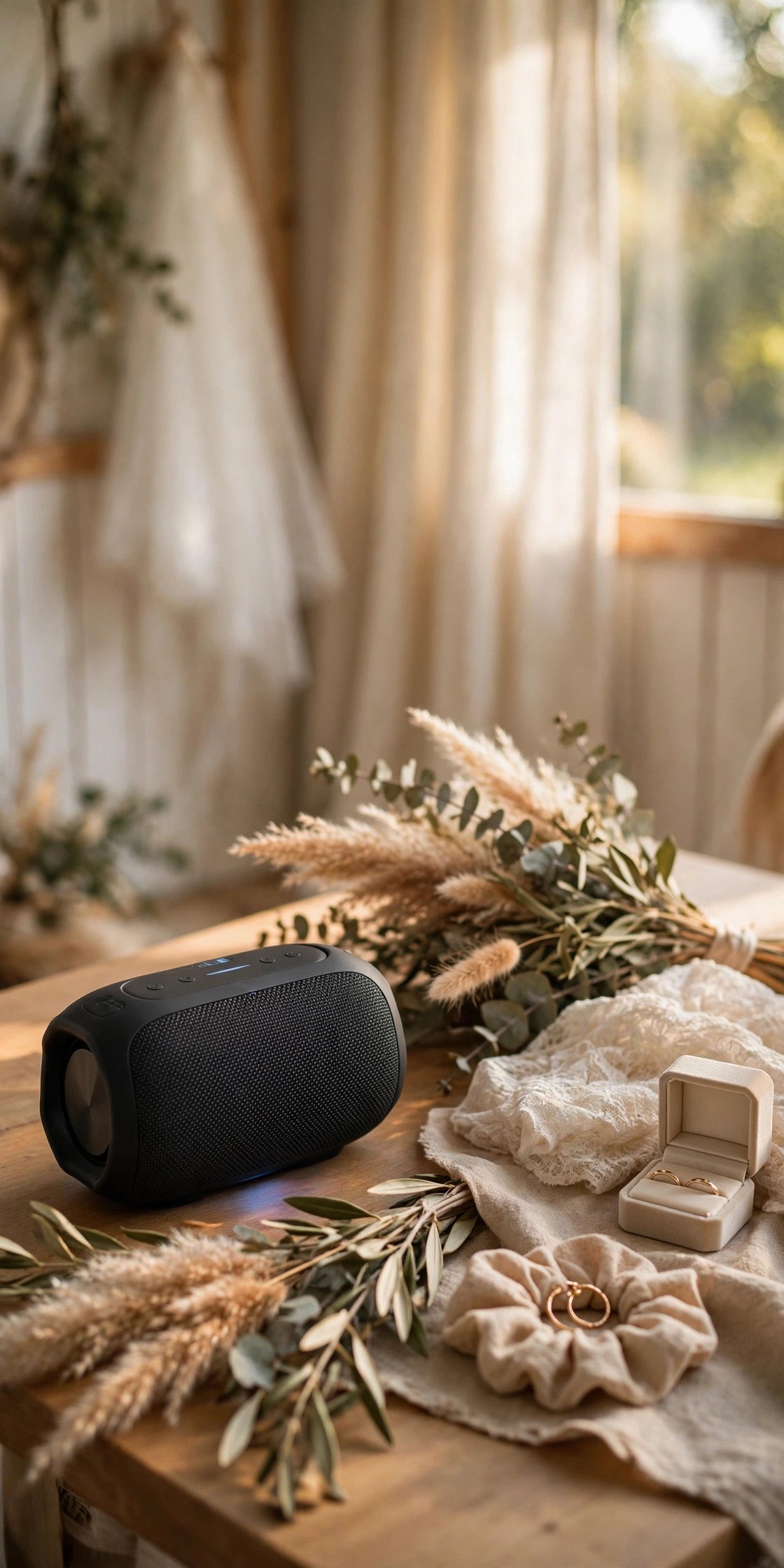 Portable speaker playing music on a bridal suite table
