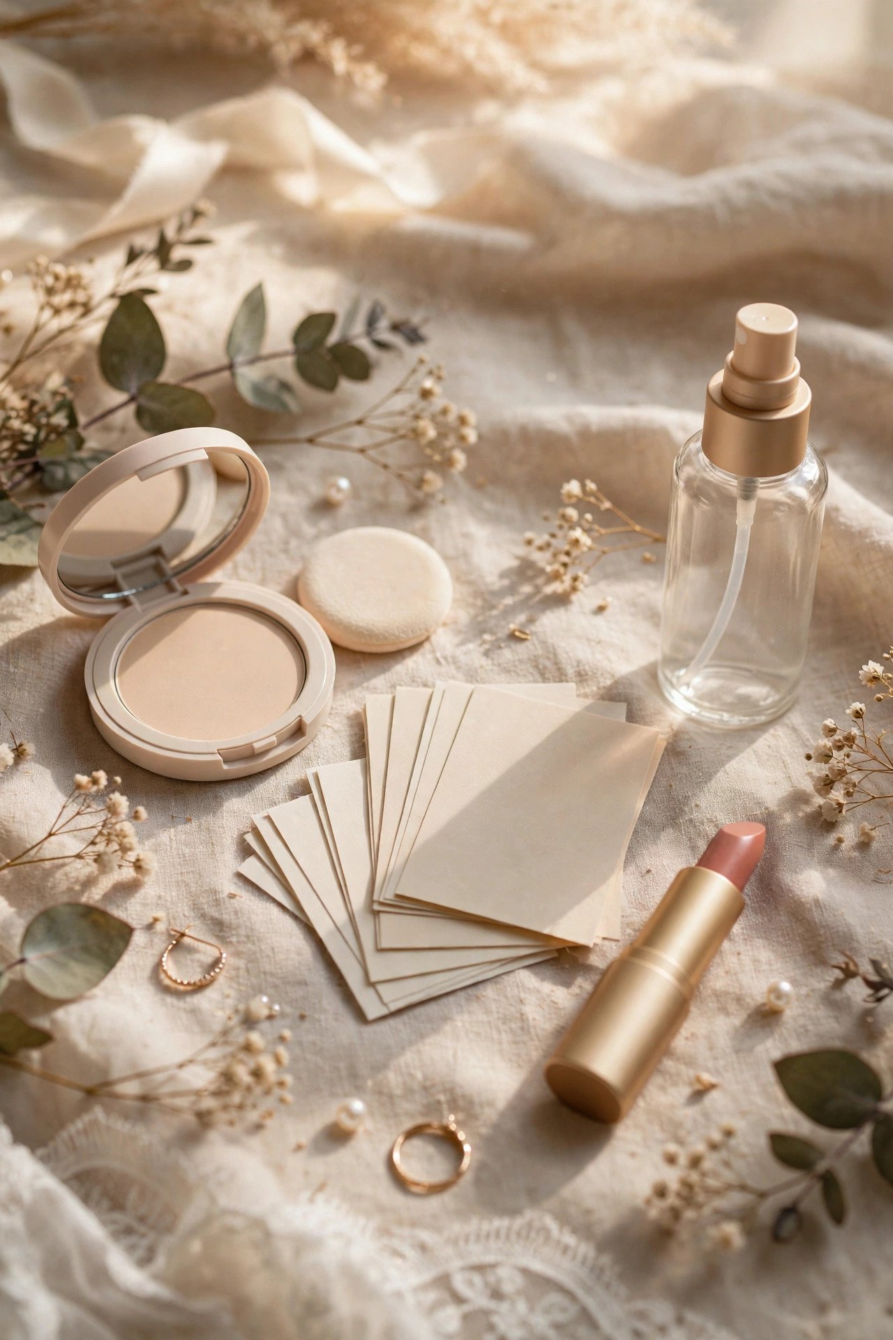 Touch-up kit with blotting papers, powder, lipstick and setting spray