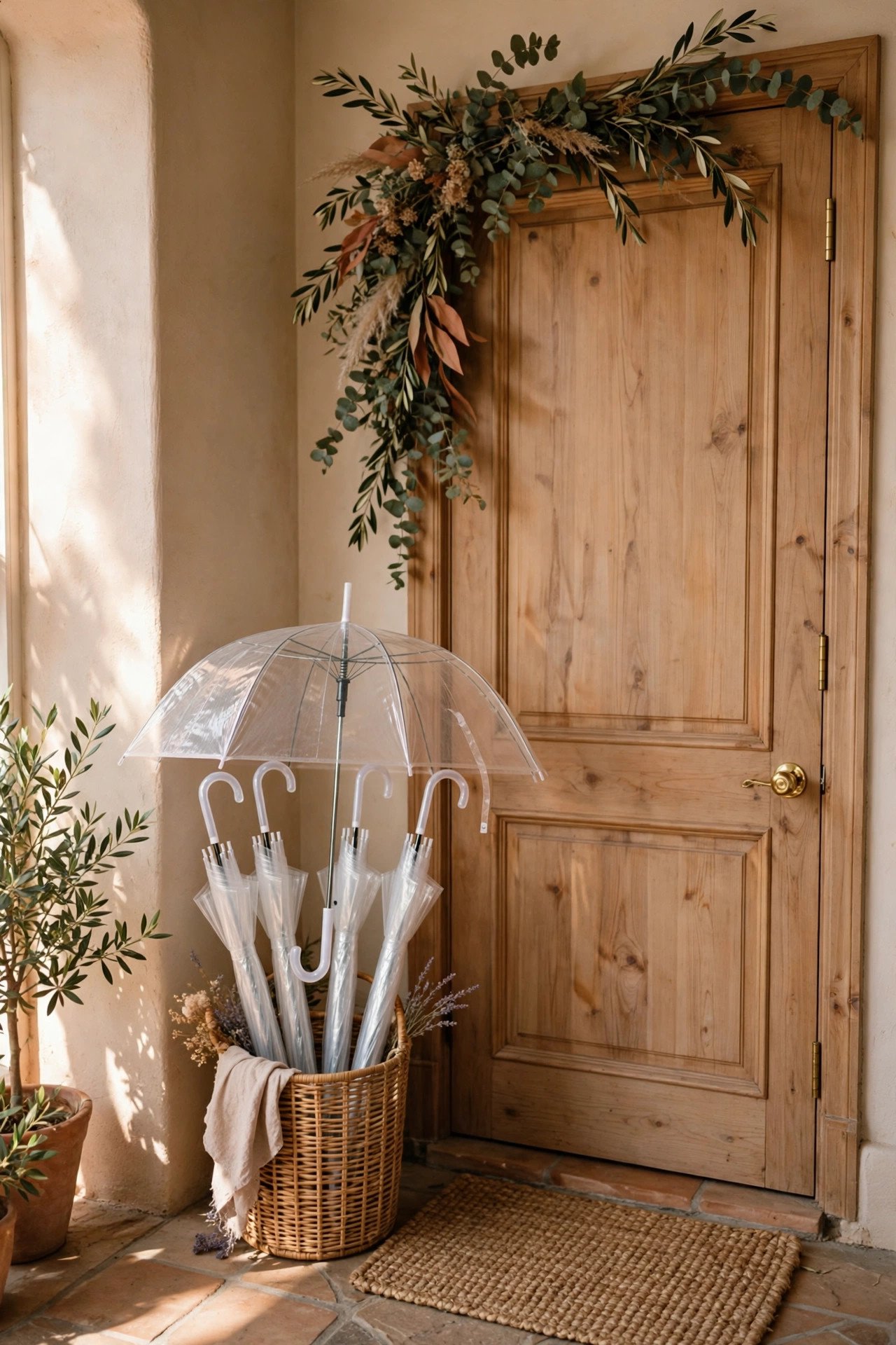 Clear umbrellas standing by a bridal suite door