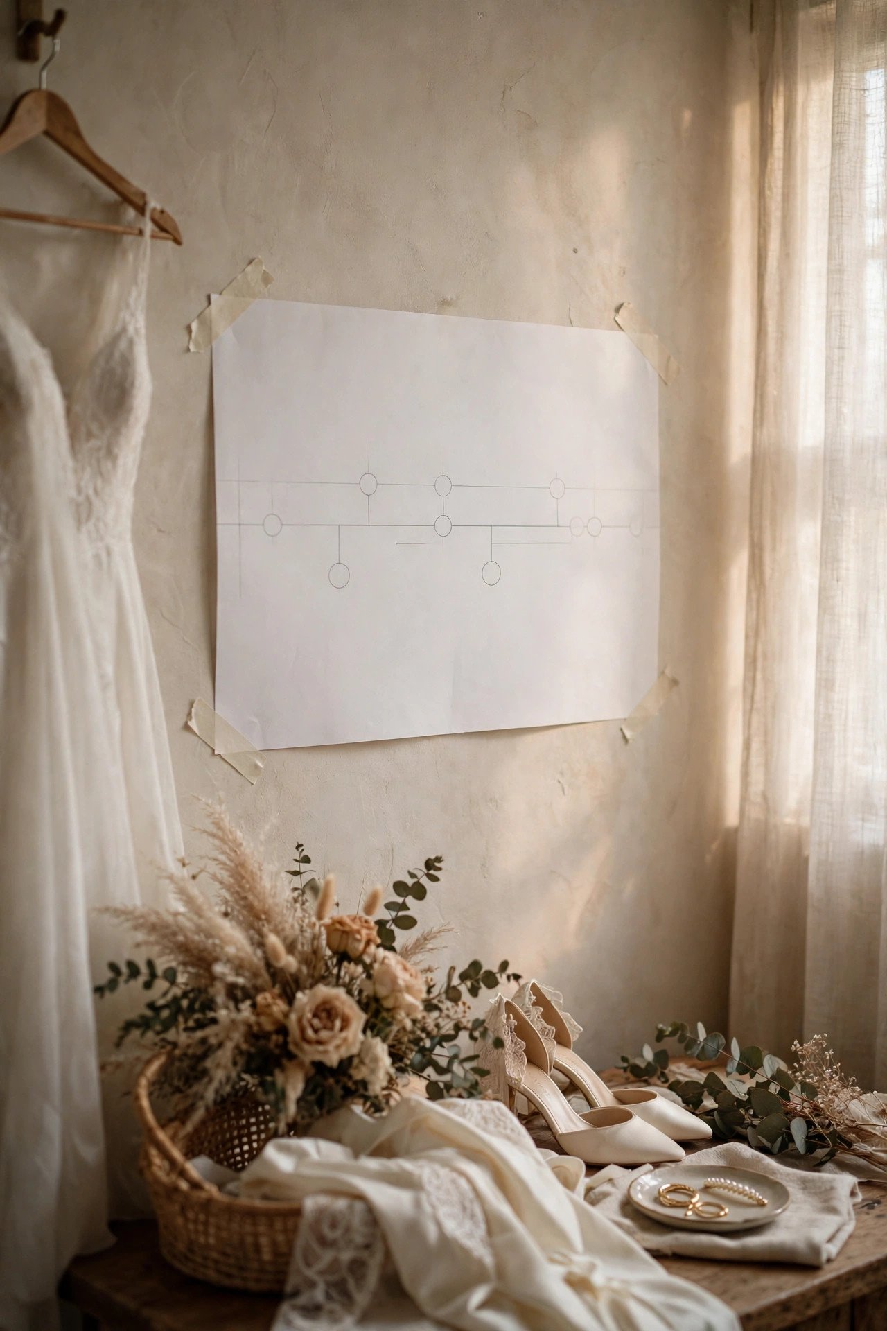Printed wedding morning timeline taped to a bridal suite wall
