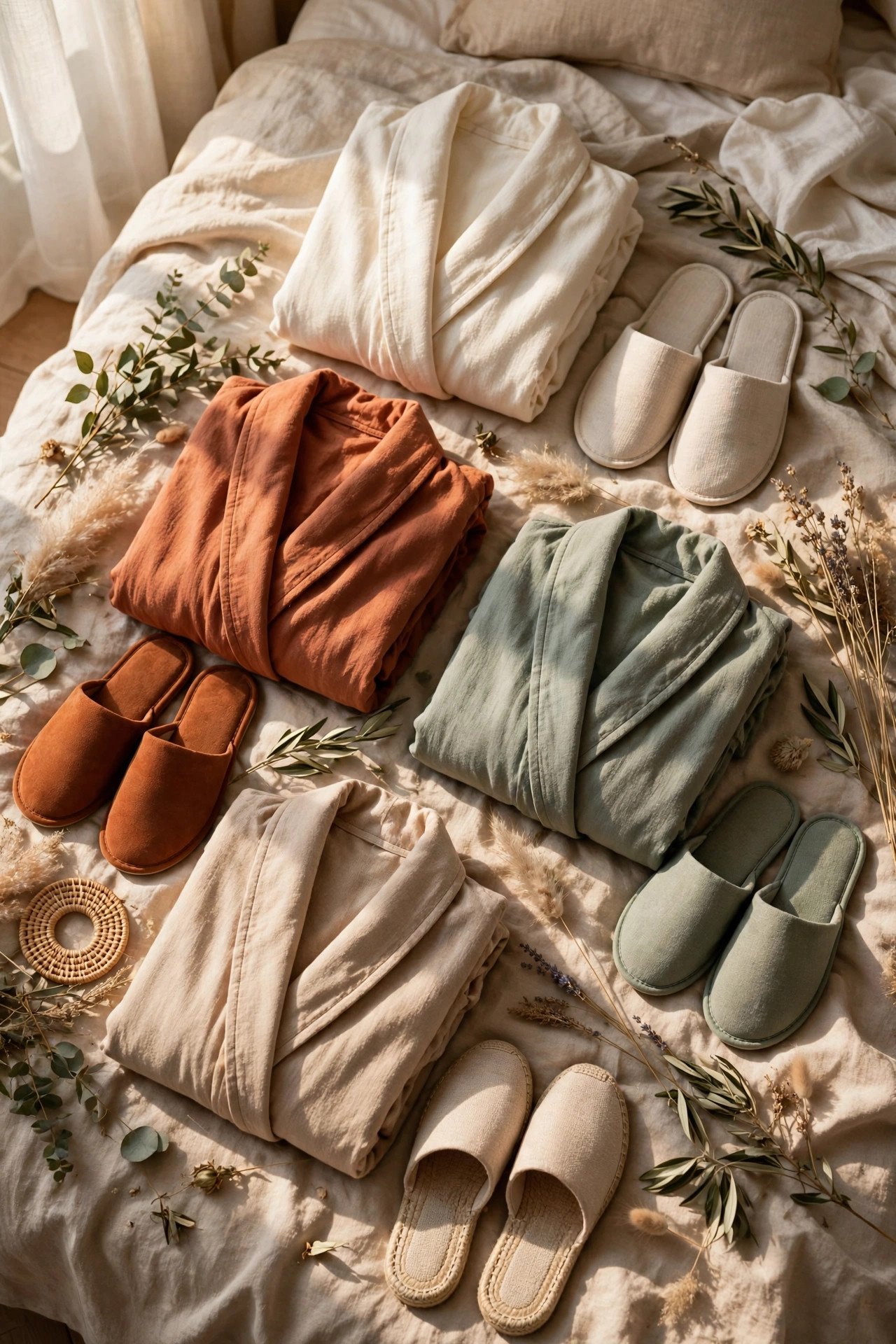 Folded robes and slippers laid out for the bridal party