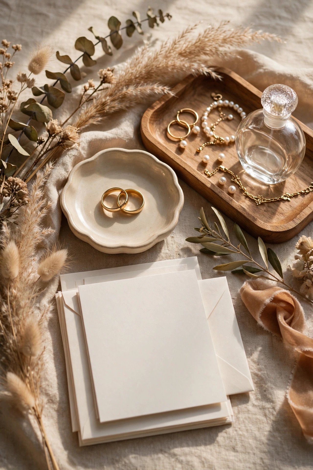 Ring dish and styling tray holding jewelry, perfume and invitation suite