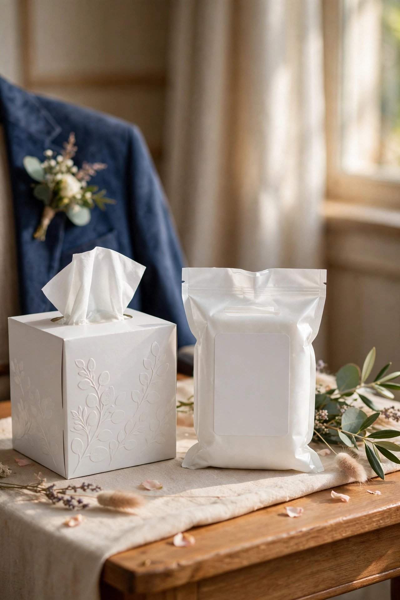 Box of tissues and stain remover wipes on a suite side table