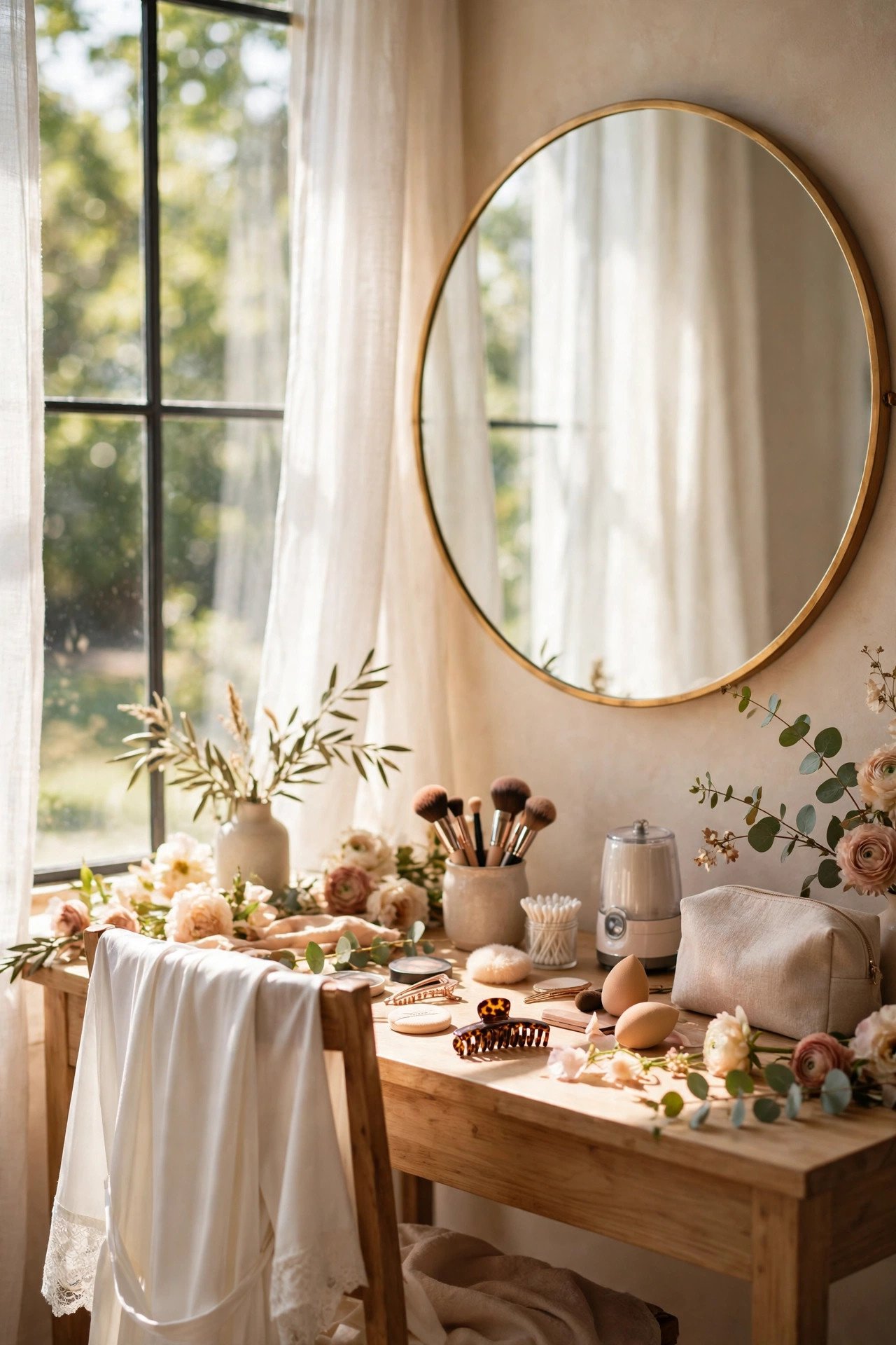 Bridal suite window with bright natural light at a makeup station