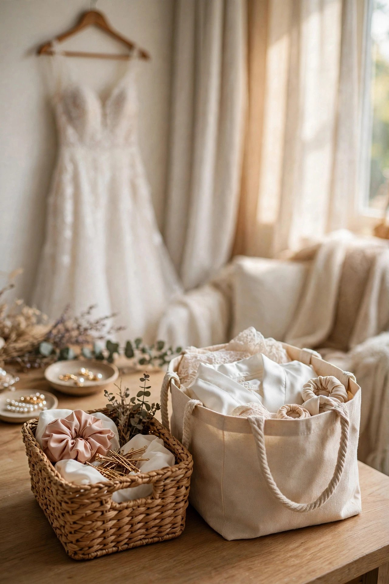 Small bin and bag keeping a bridal suite tidy during getting ready