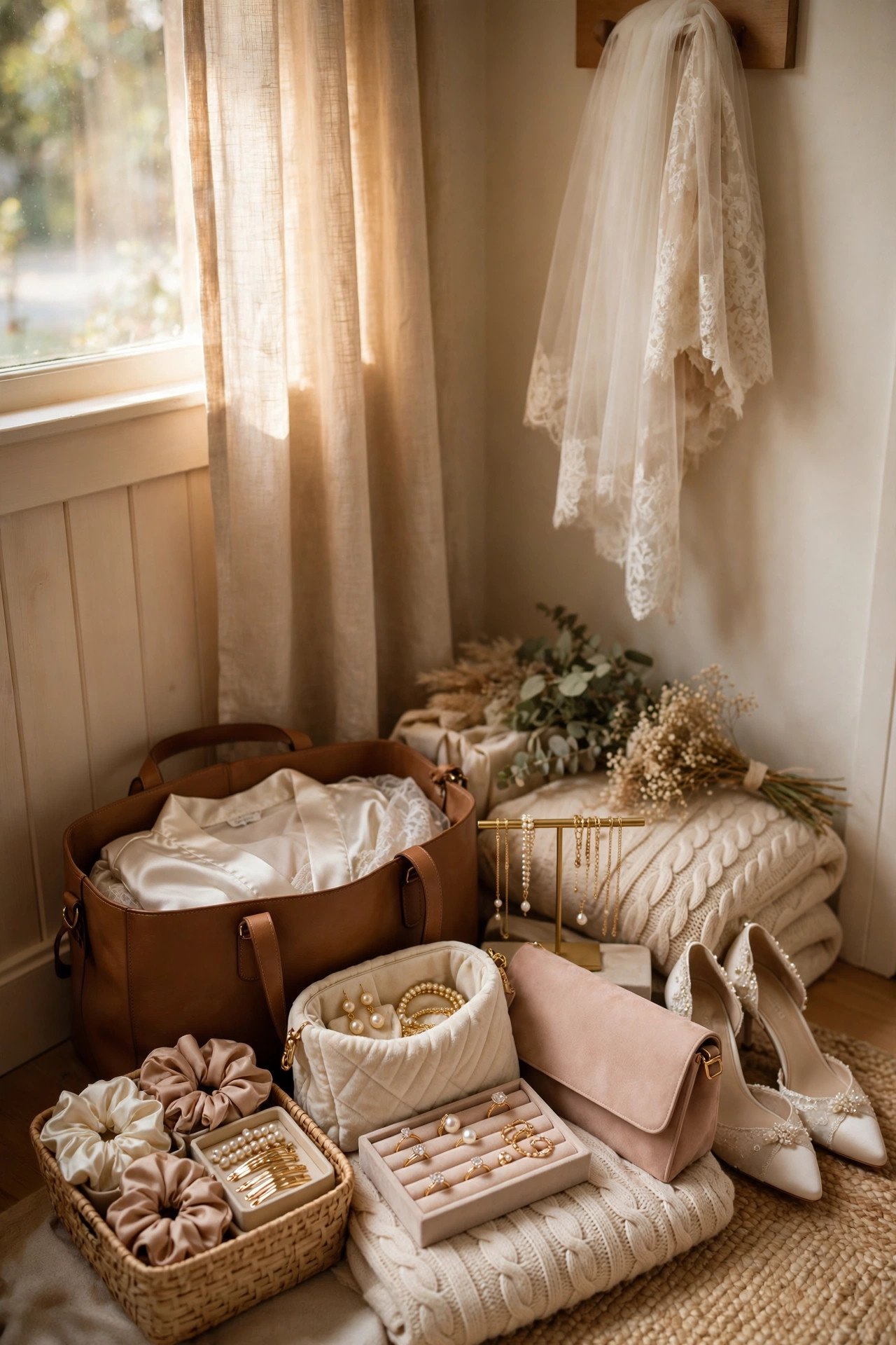 Designated corner of a bridal suite with bags and valuables organized together