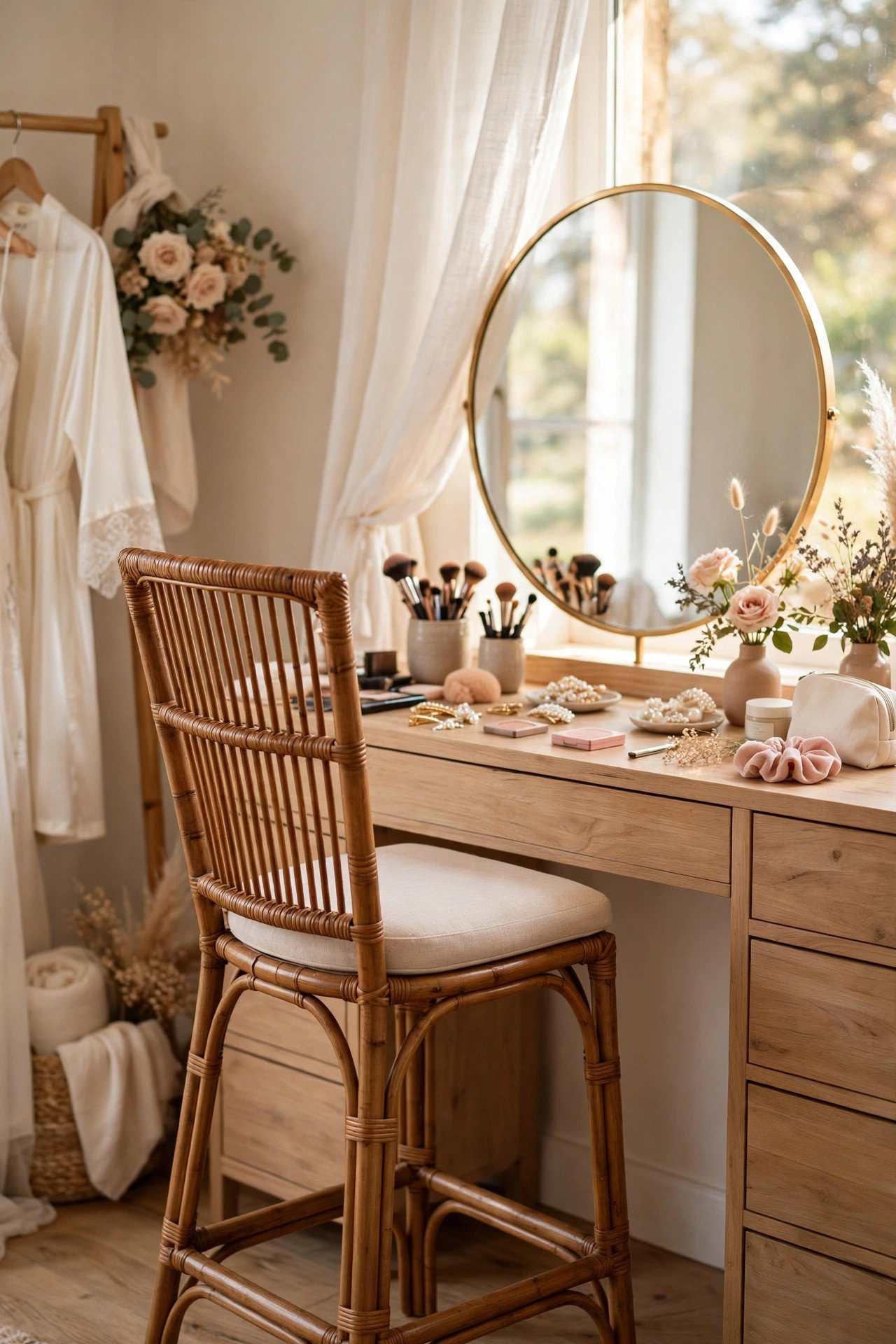 Tall chair positioned at a bright makeup station in a bridal suite