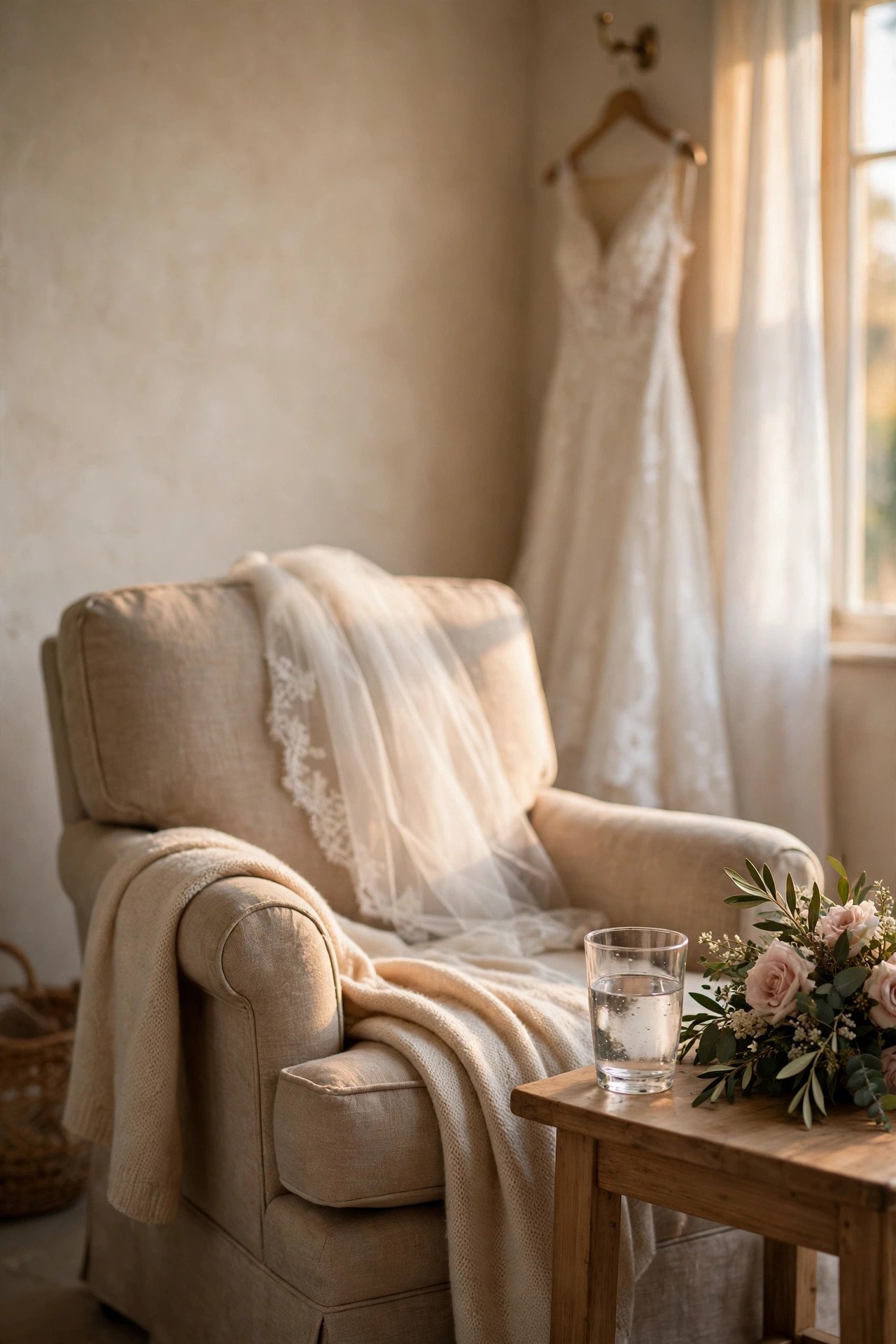 Quiet corner of a bridal suite with an armchair, water and soft light