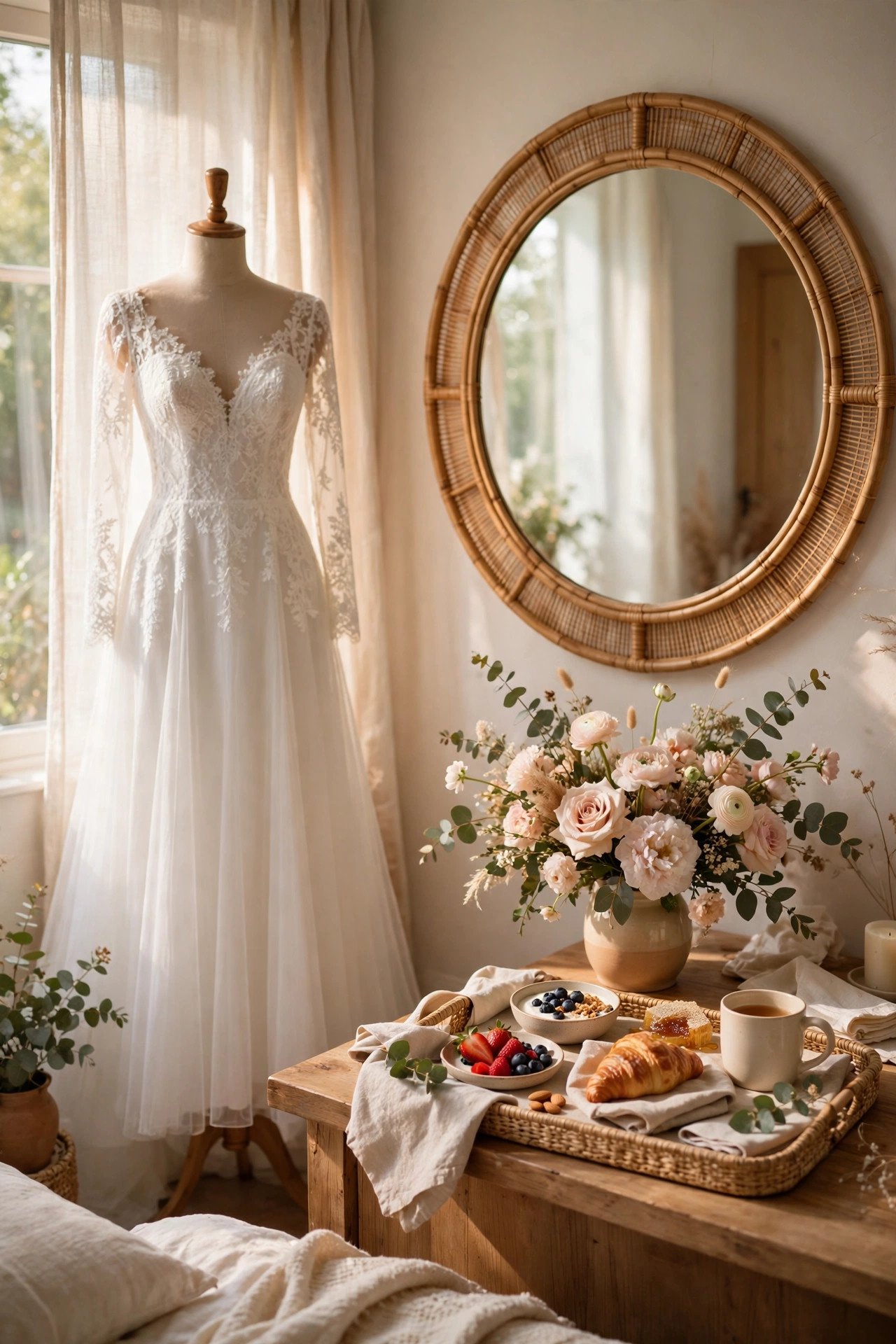 Beautifully prepared bridal suite with a dress on a stand, mirror, flowers and a breakfast tray