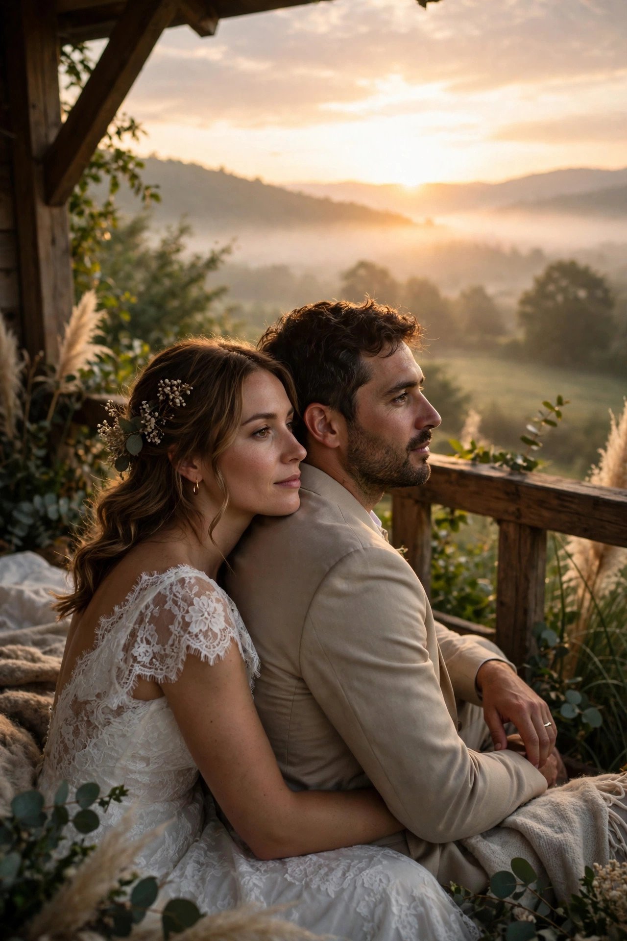 Couple watching the sunrise quietly on their wedding morning