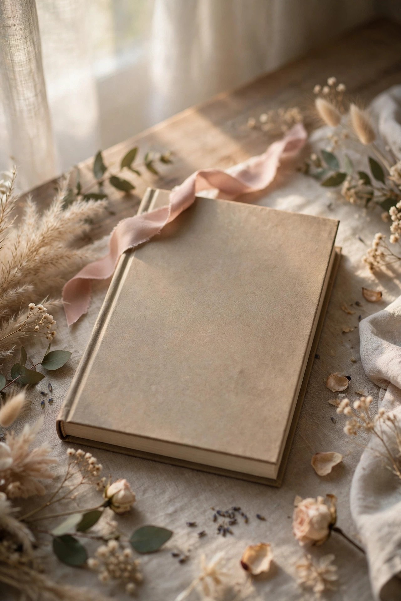 Open book of poetry with a ribbon marker in morning light