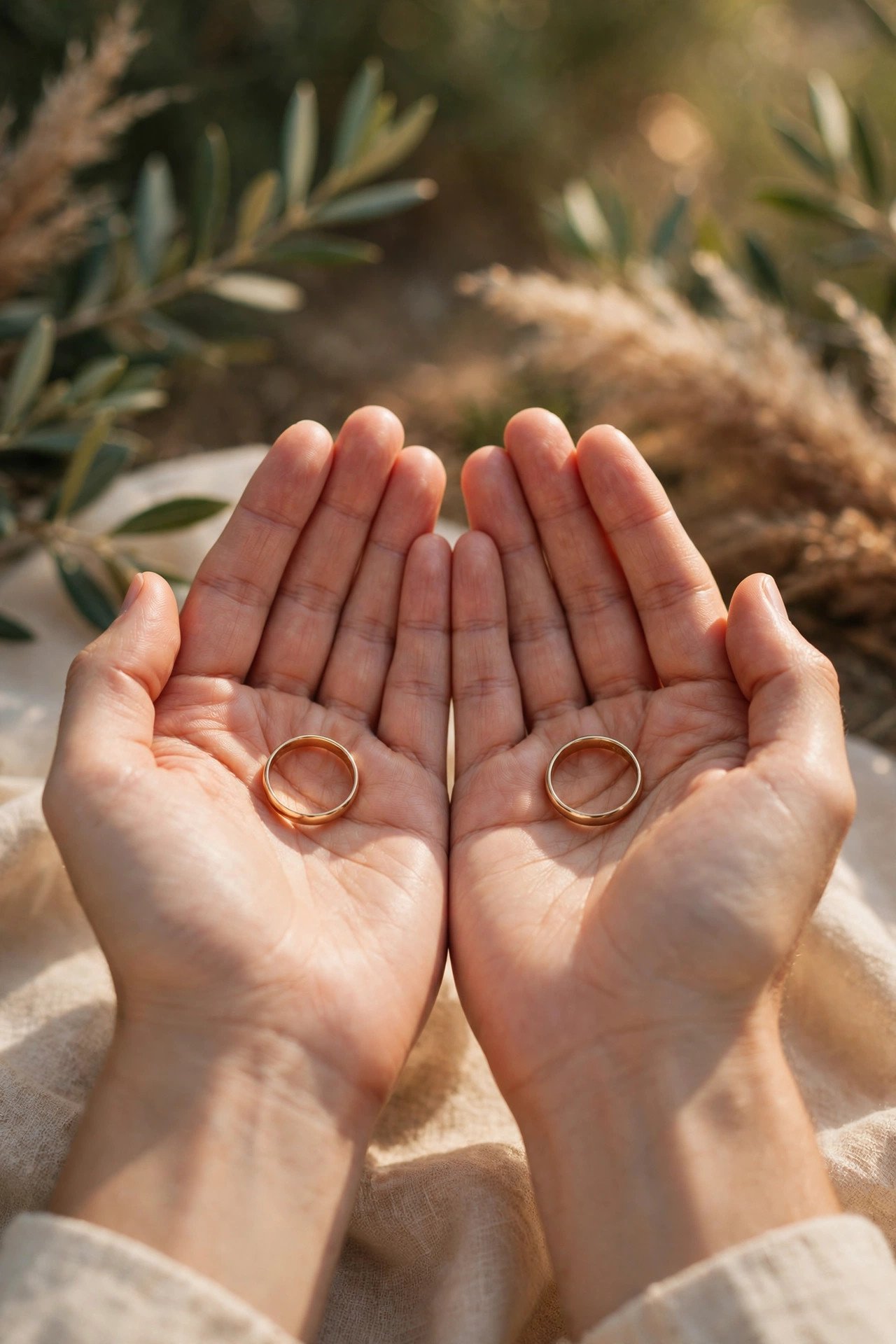 Wedding rings resting in open palms during a quiet blessing