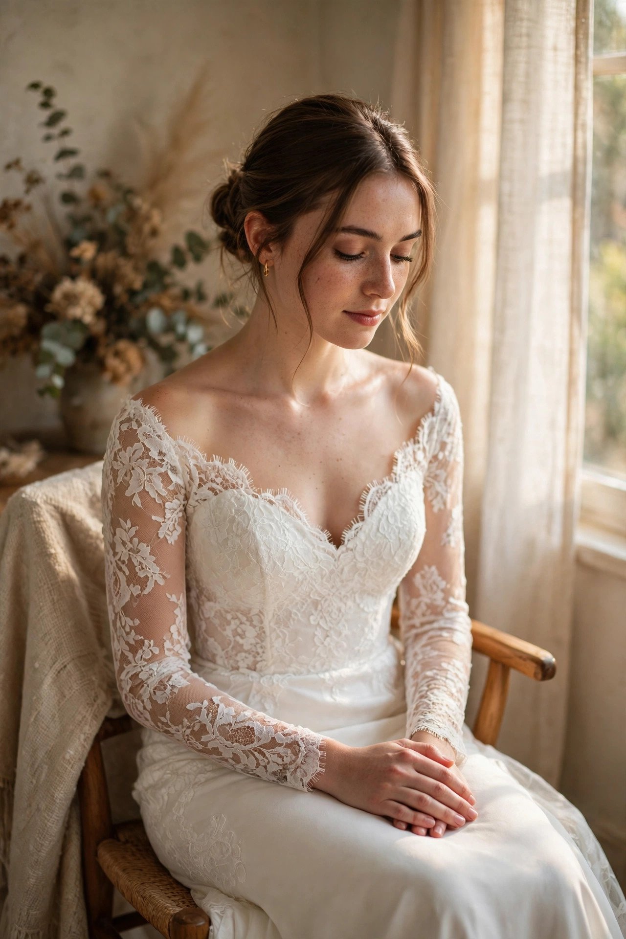 Bride with hands folded calmly in her lap before the ceremony