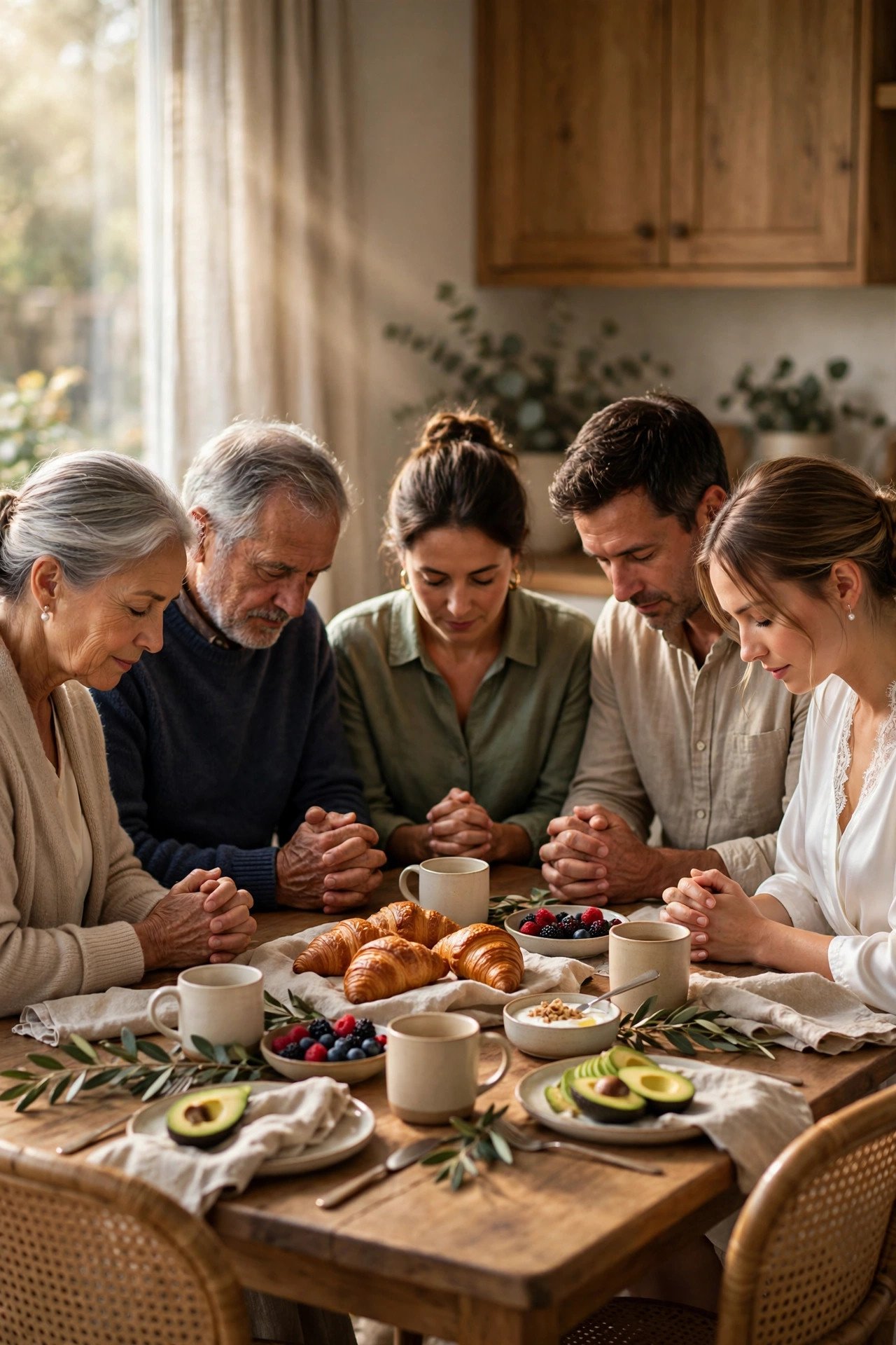 Family pausing with bowed heads before a wedding morning breakfast