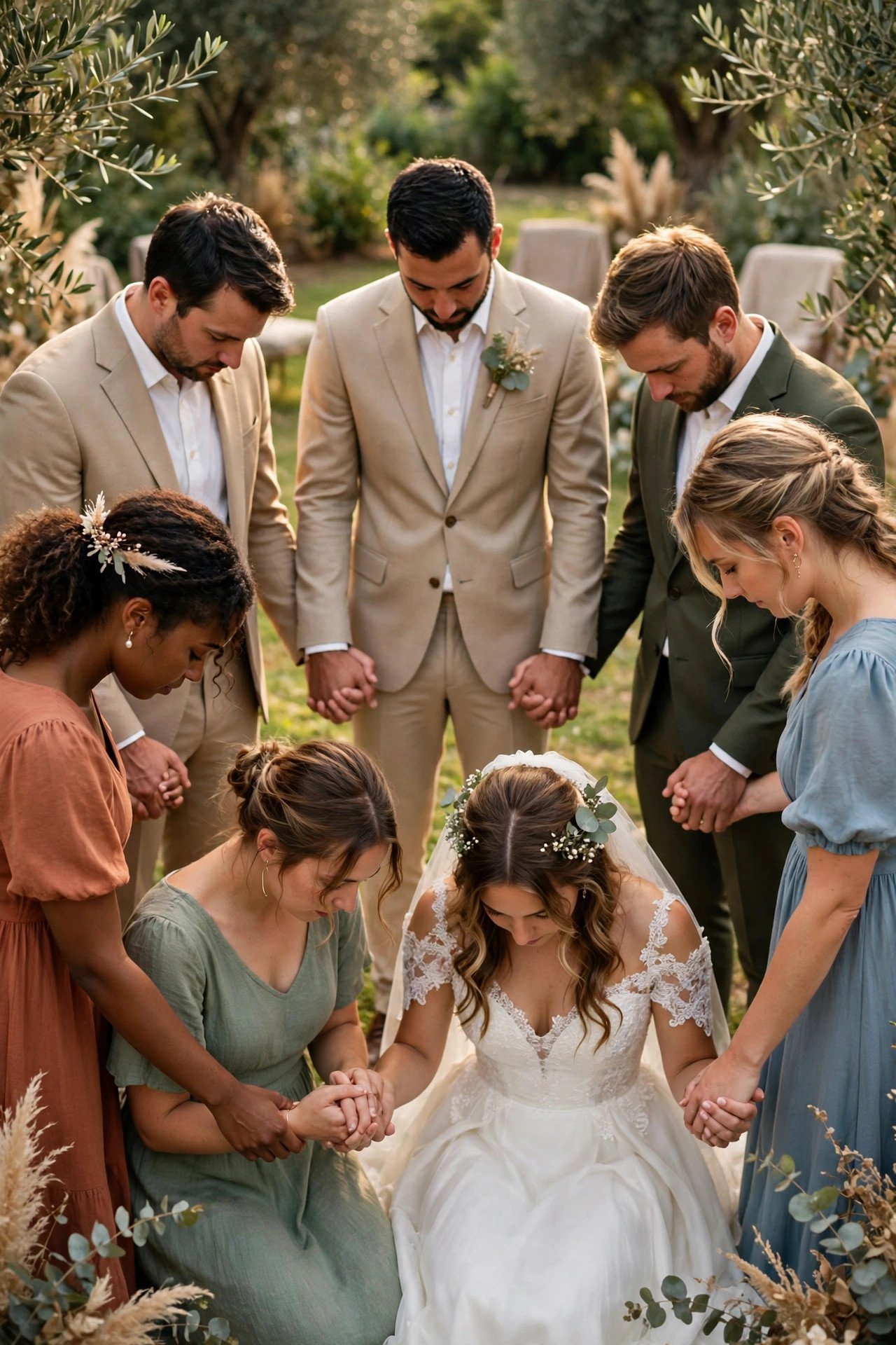 Wedding party holding hands in a circle with heads bowed