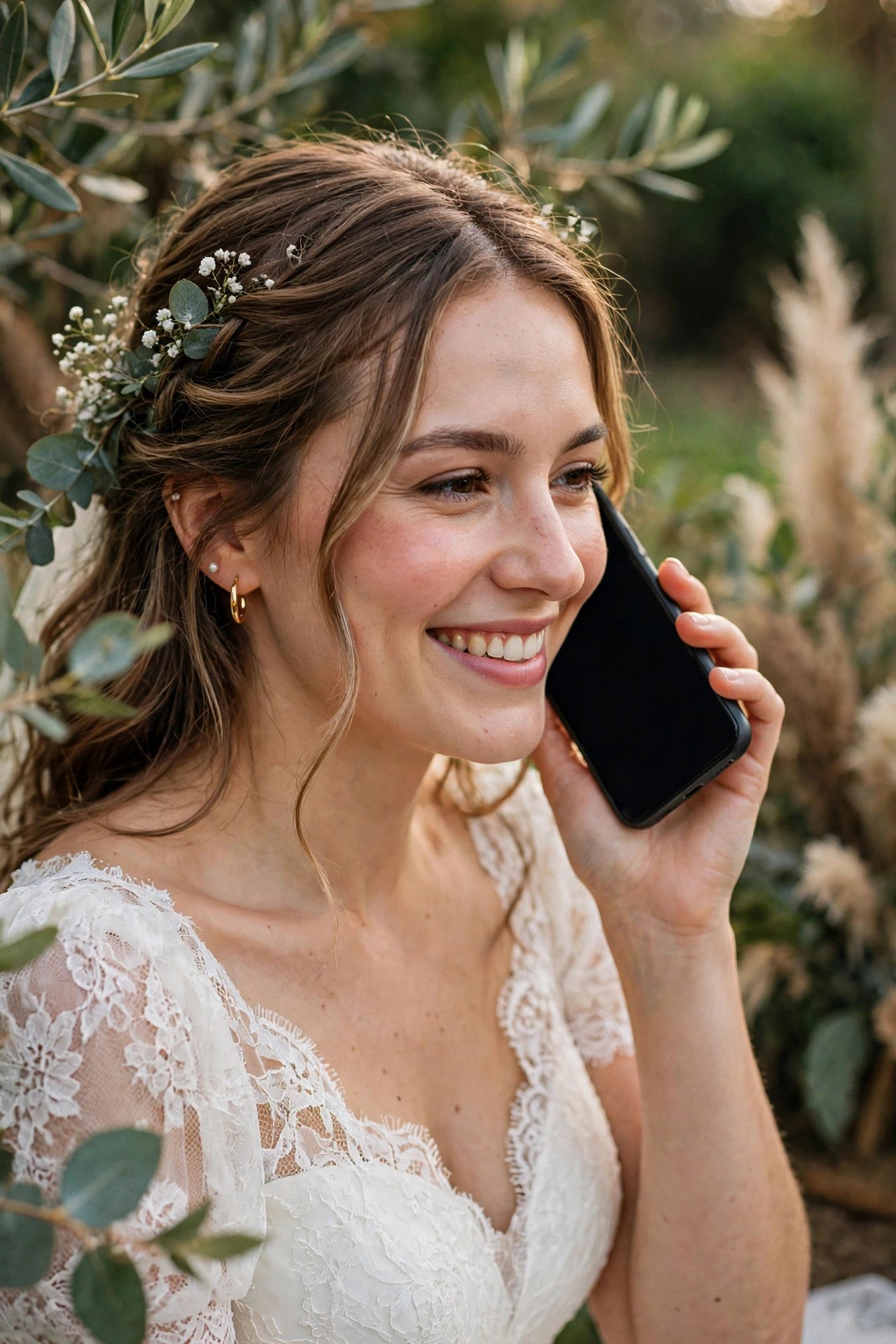 Bride listening to her grandmother's blessing on speakerphone, smiling