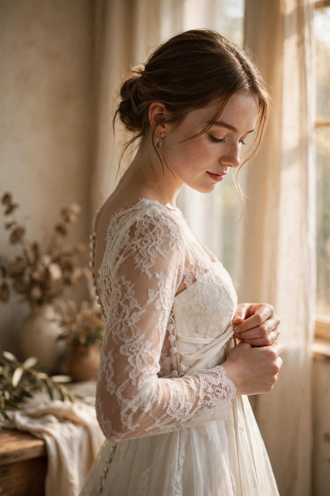 Bride in a quiet moment of prayer while fastening her dress