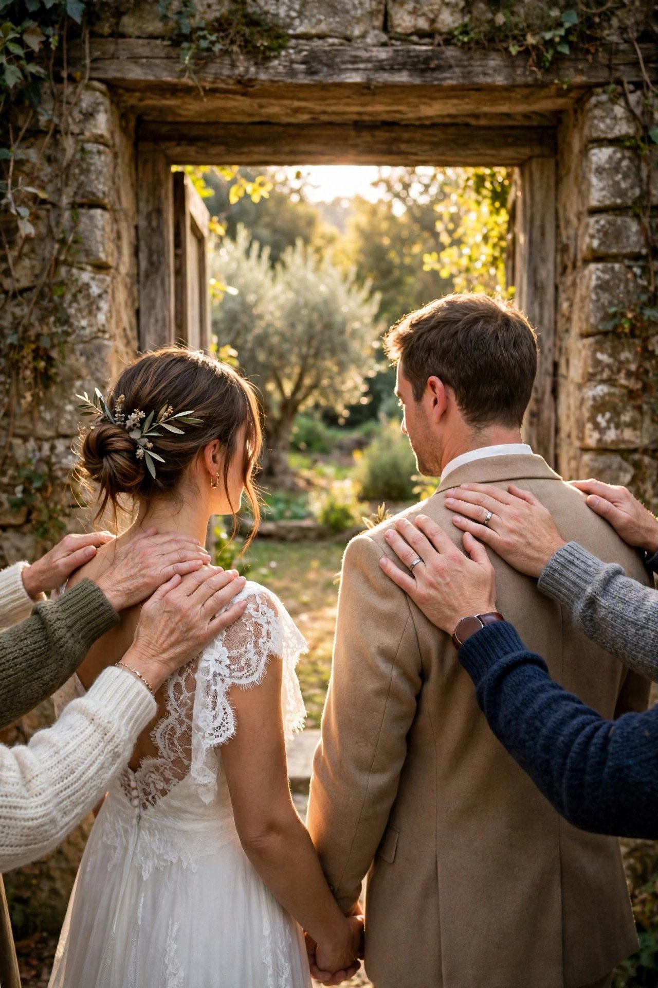 Couple pausing at a doorway with family hands on their shoulders
