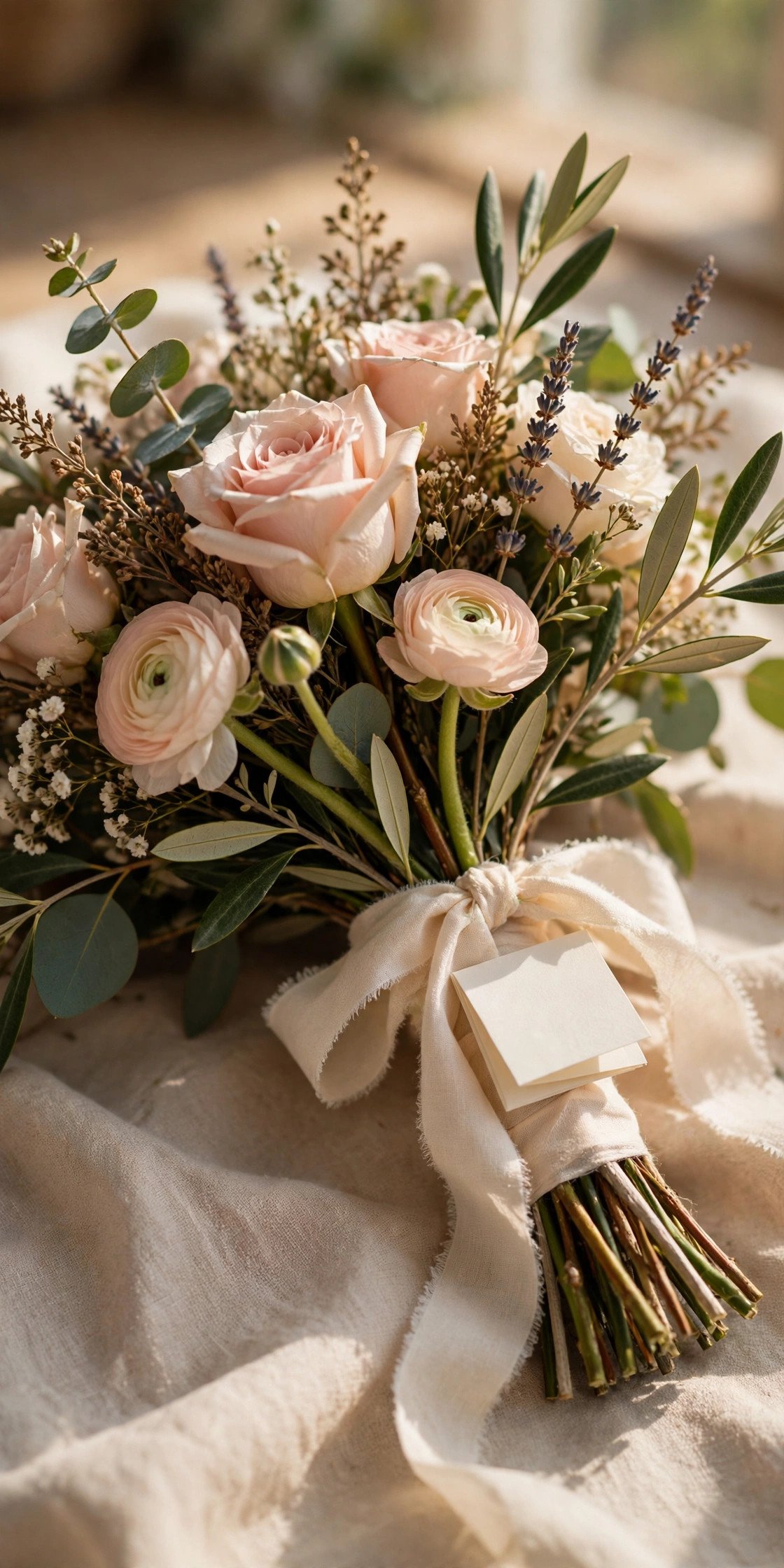 Small folded blessing note tucked into a bouquet's ribbon