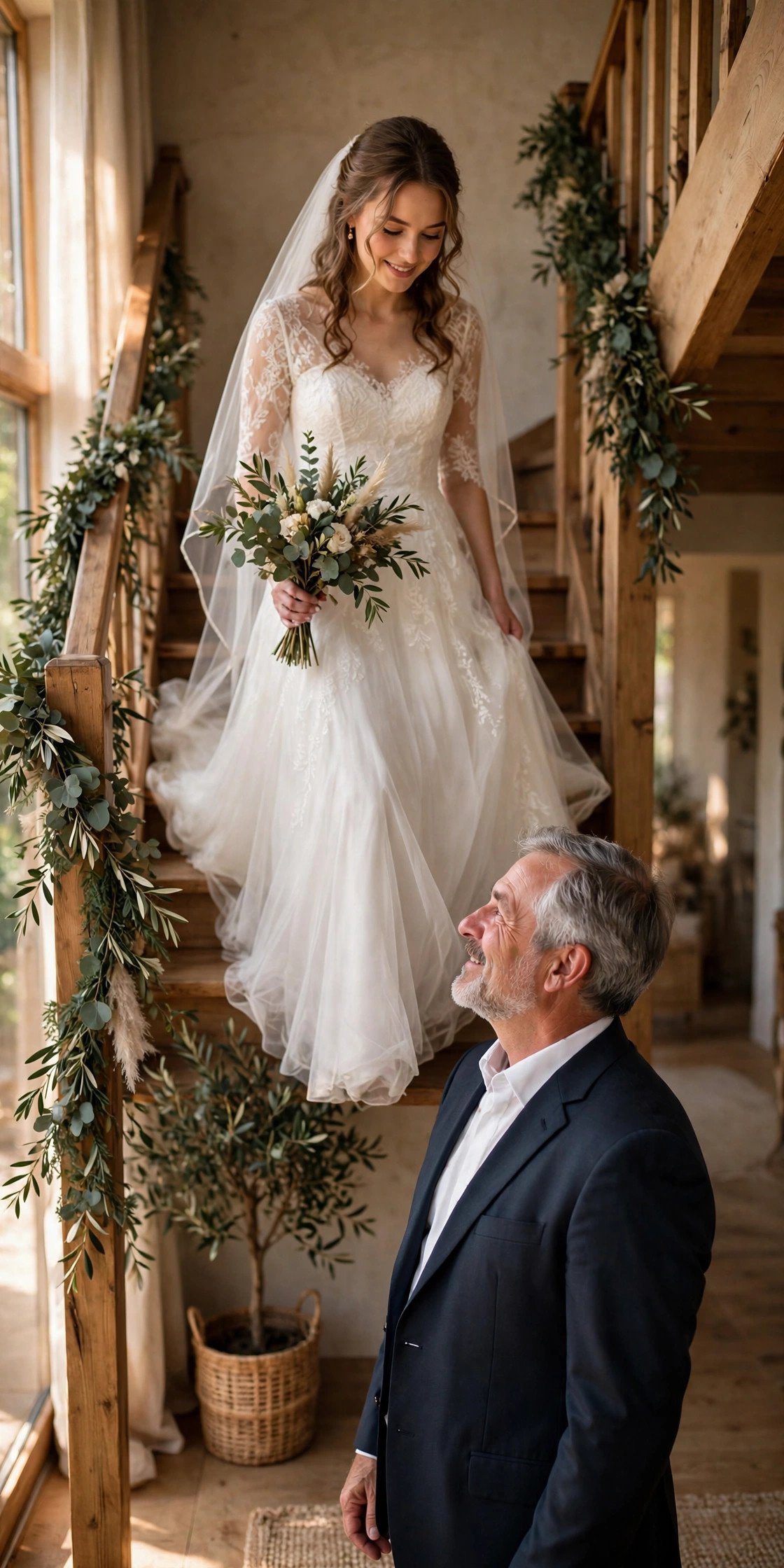 Bride descending a staircase in her wedding dress while her father waits at the bottom