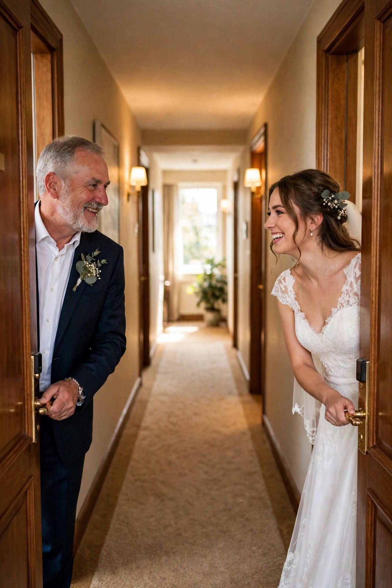 Father and bride opening two facing hotel room doors at the same time on the wedding morning