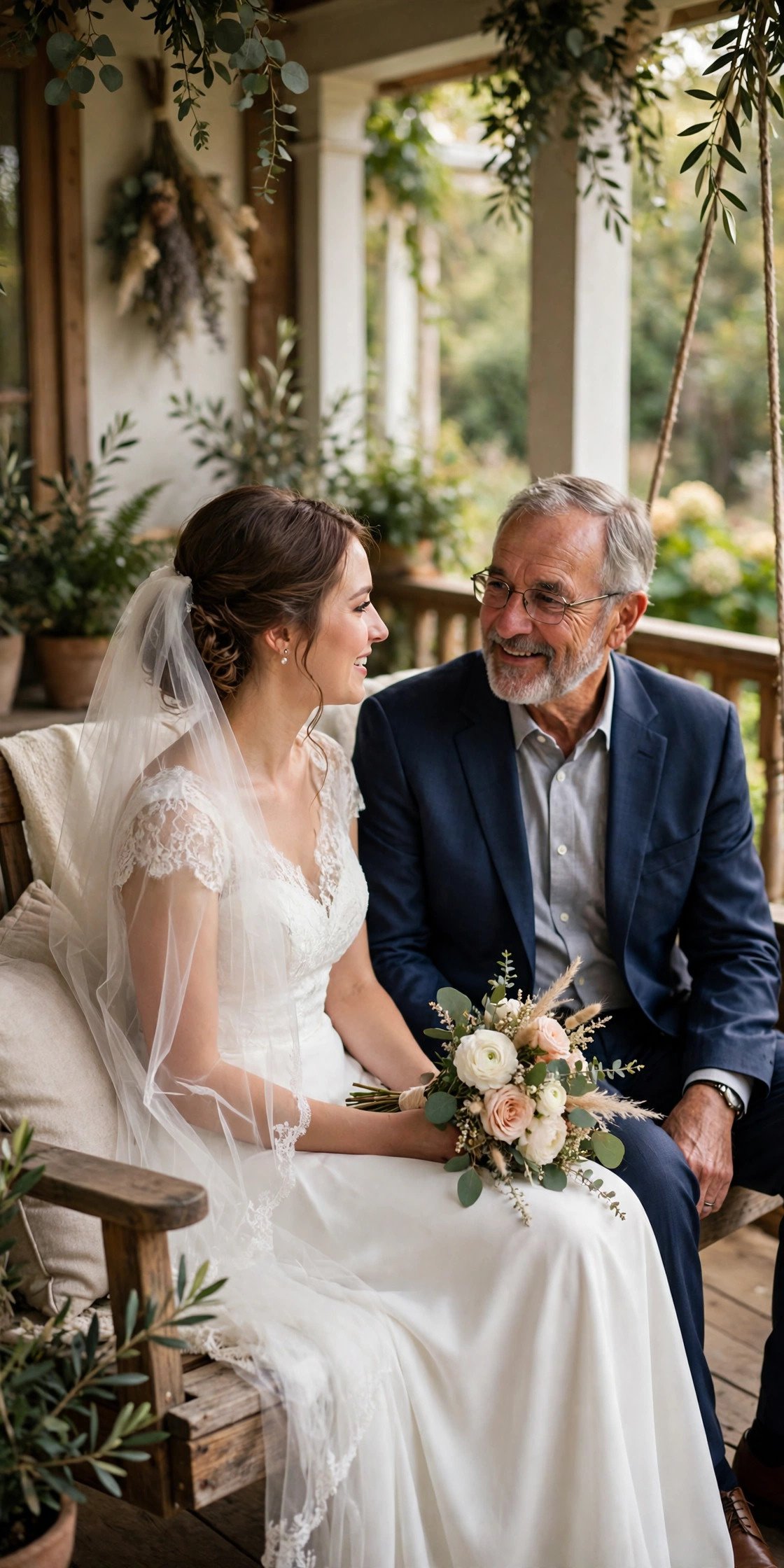 Father and bride sitting together on a porch swing talking after their wedding morning first look