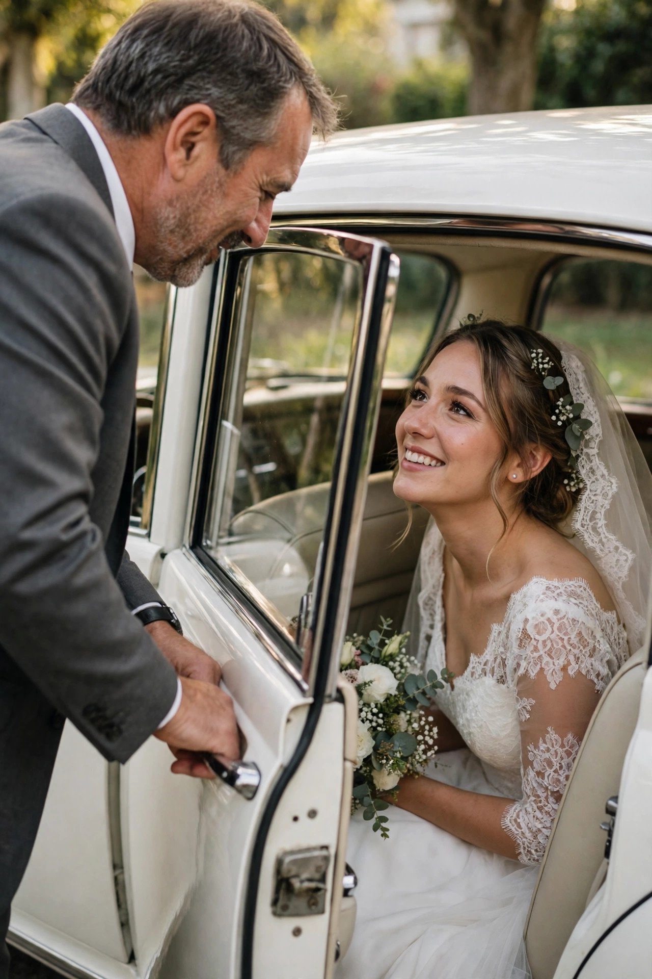Father opening the wedding car door to see his daughter in her dress on the wedding morning